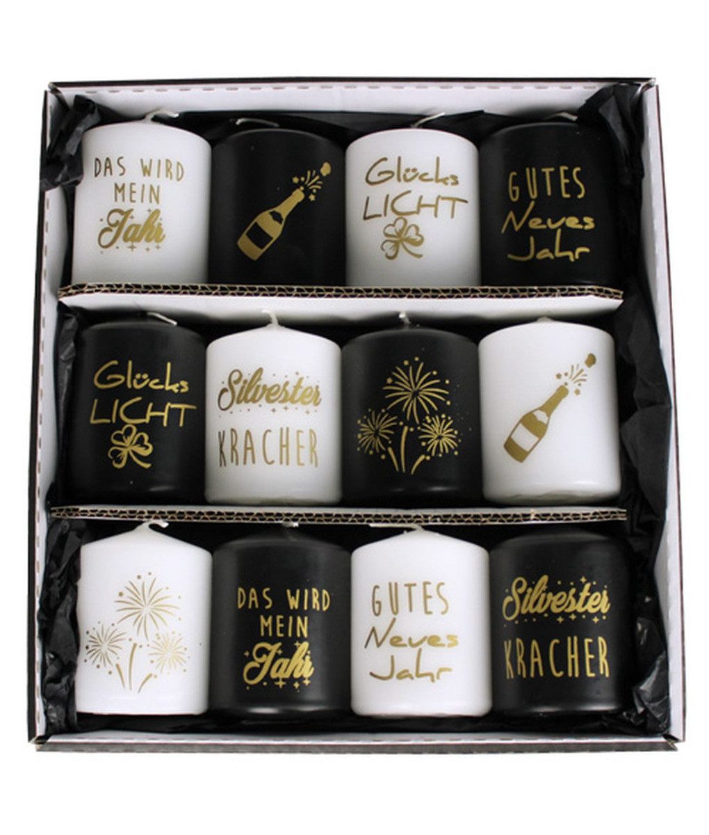 INNA-Glas Stumpenkerze Silvester Kerzen OVILA, 12 Stück, schwarz-weiß-gold, 8 cm, Ø6 cm