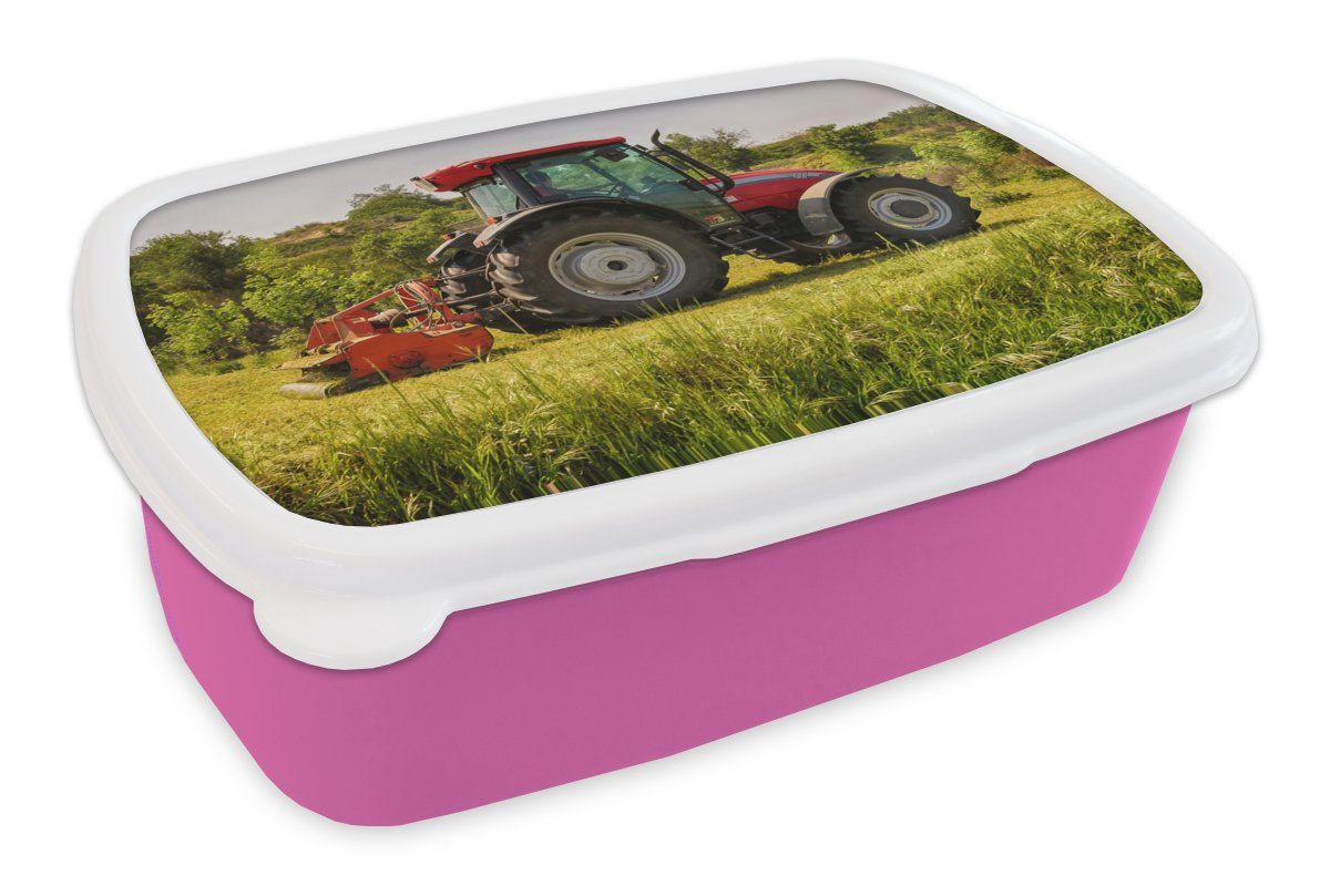 MuchoWow Lunchbox Traktor - Rot - Natur - Grün - Landleben, Kunststoff, (2-tlg), Brotbox für Erwachsene, Brotdose Kinder, Snackbox, Mädchen, Kunststoff rosa