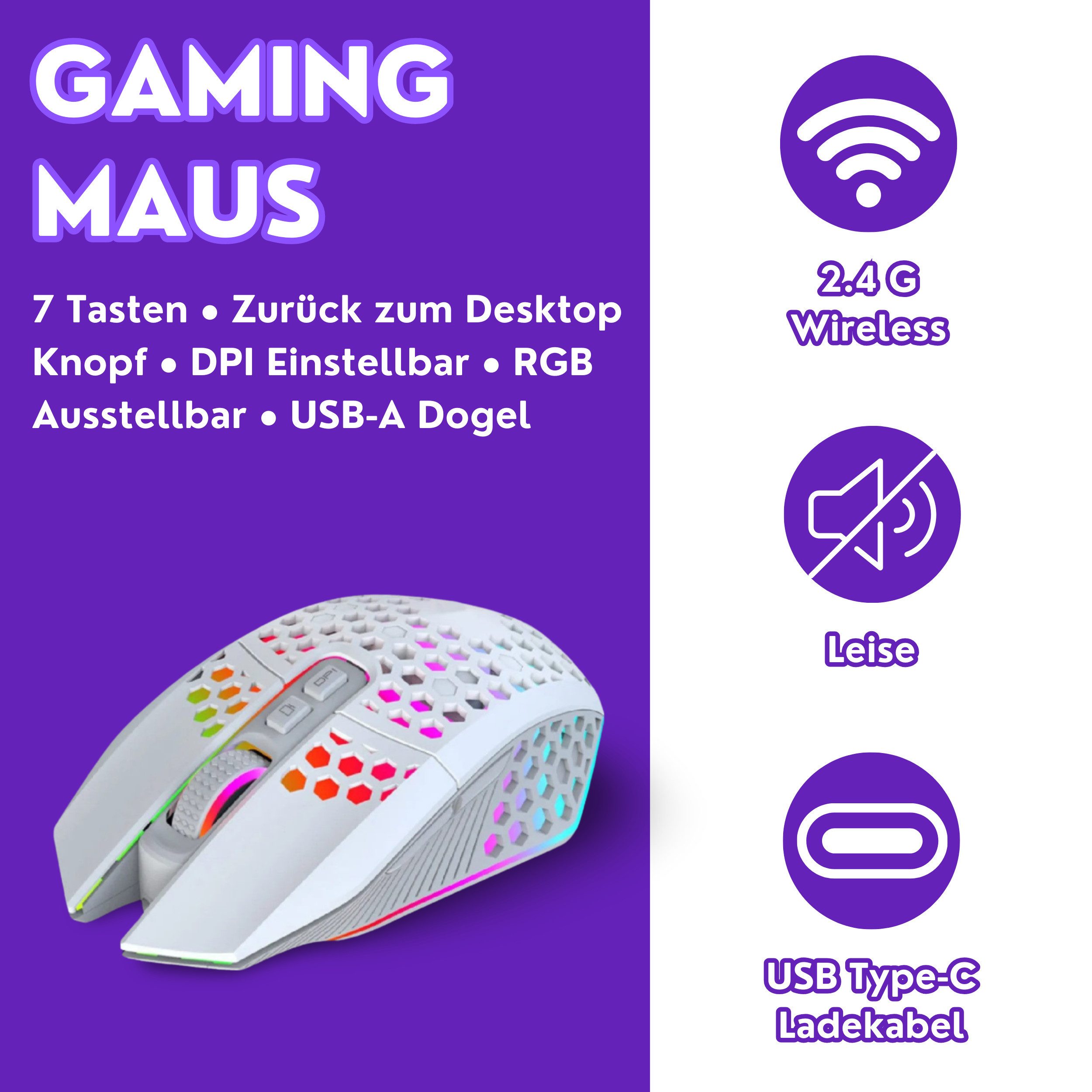 RUHE RGB Gaming Maus Kabellos Wireless Leise Weiß Schwarz USB Fixed RGB Gaming-Maus (Funk, bis zu 120h Akkulaufzeit Wireless Gamer Maus für PC, Mac, Laptop, Wei – Bild 2 von 5