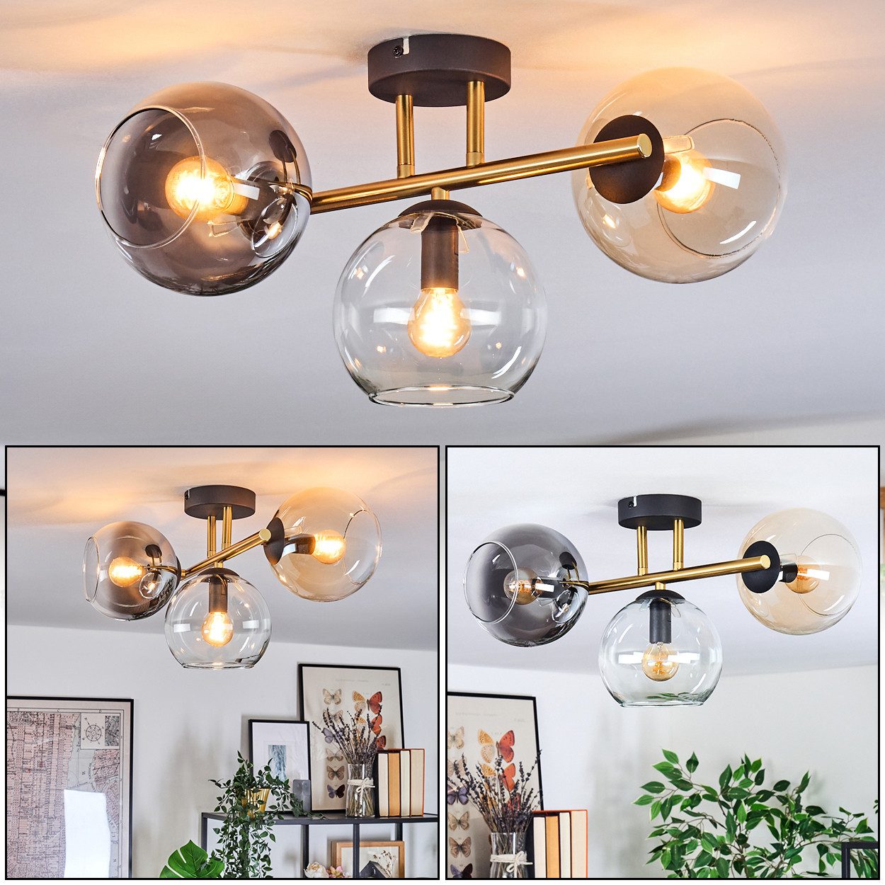 Stehlampe Deckenlampe aus Metall/Glas in Schwarz/Gold/Bernstein/Rauch/Klar