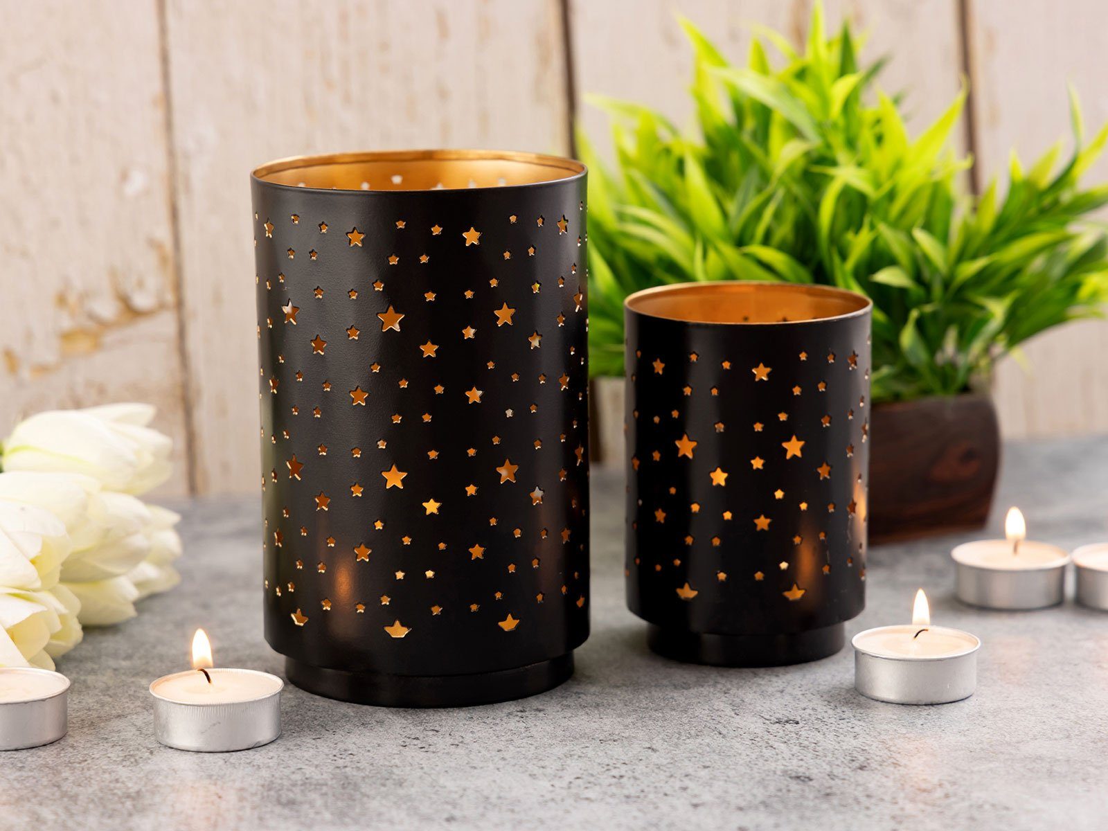 Sternenhimmel Set Kerzenständer 2er schwarz Kerzenhalter gold Casamia Kerzenhalter