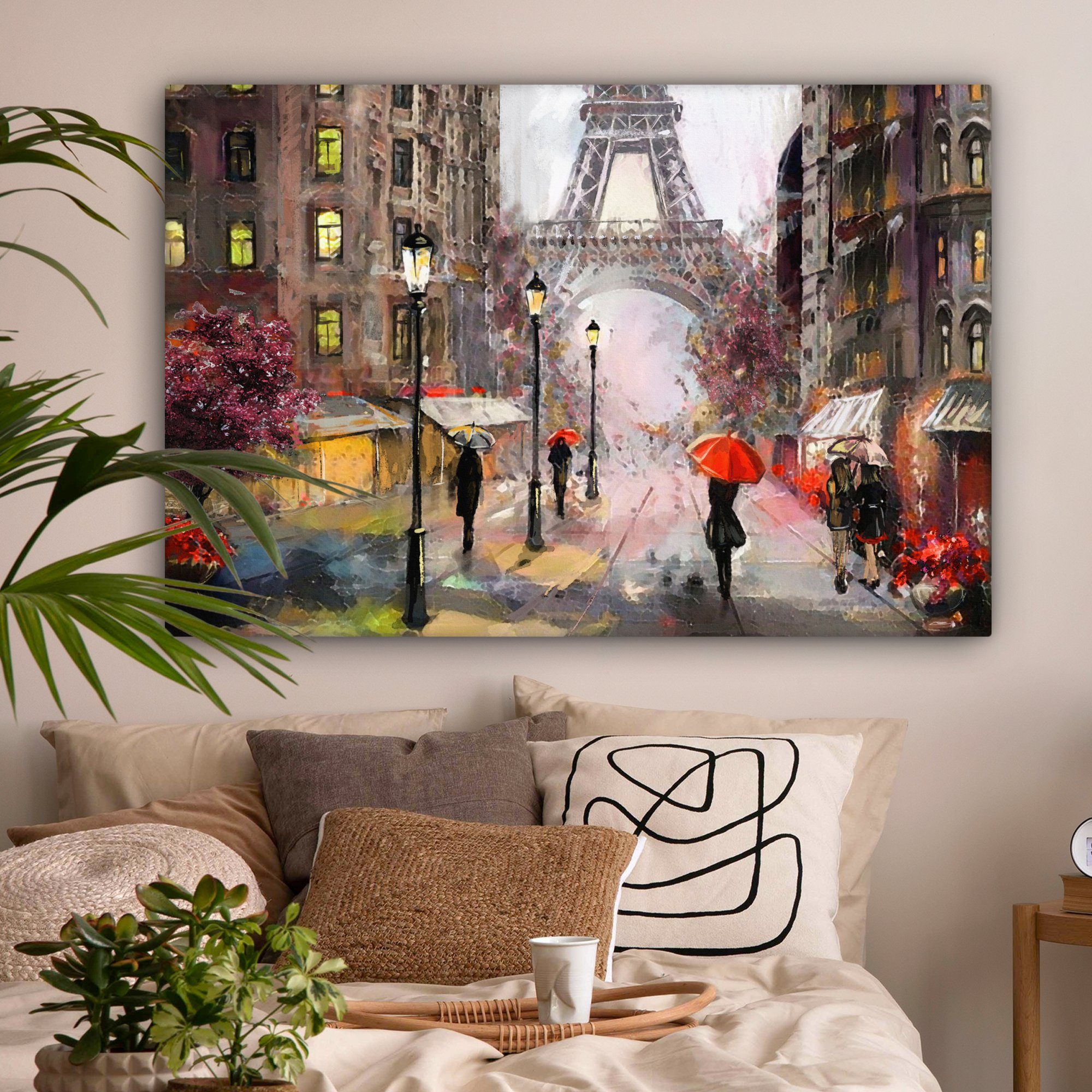 Gemälde St), Ölgemälde, alle Wohnbereiche, - XXL, für - Gemälde, (1 - Eiffelturm 120x80 - cm Paris OneMillionCanvasses® Gemälde großes, Wandbild Regenschirm