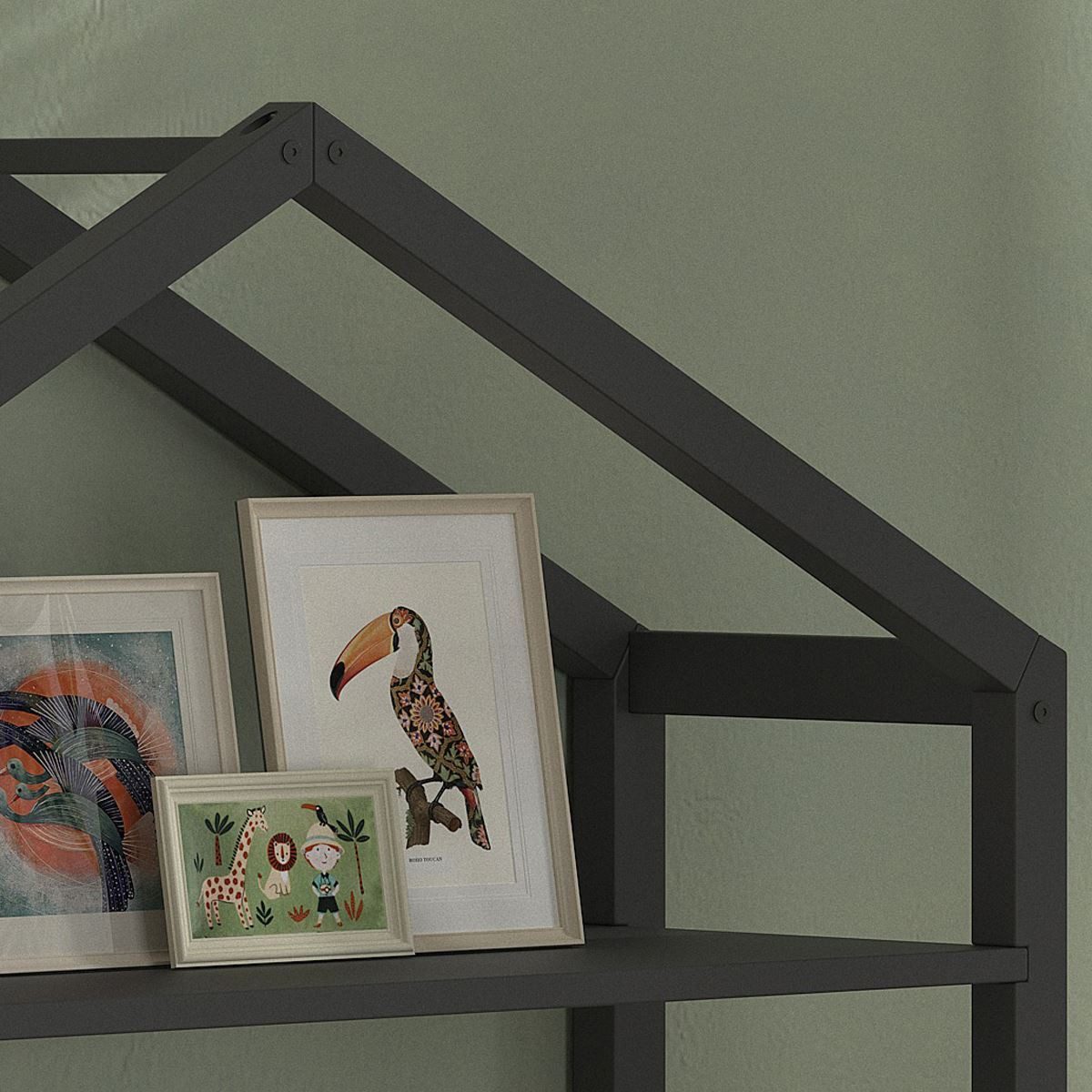 58 aufm Kessel Regal Bücherregal Kapua in Giebeloptik mit 3 Fächern Kiefer massiv anthrazit, inkl. Versand, Modernes Regal in Hausoptik mit flexiblem Stauraum
