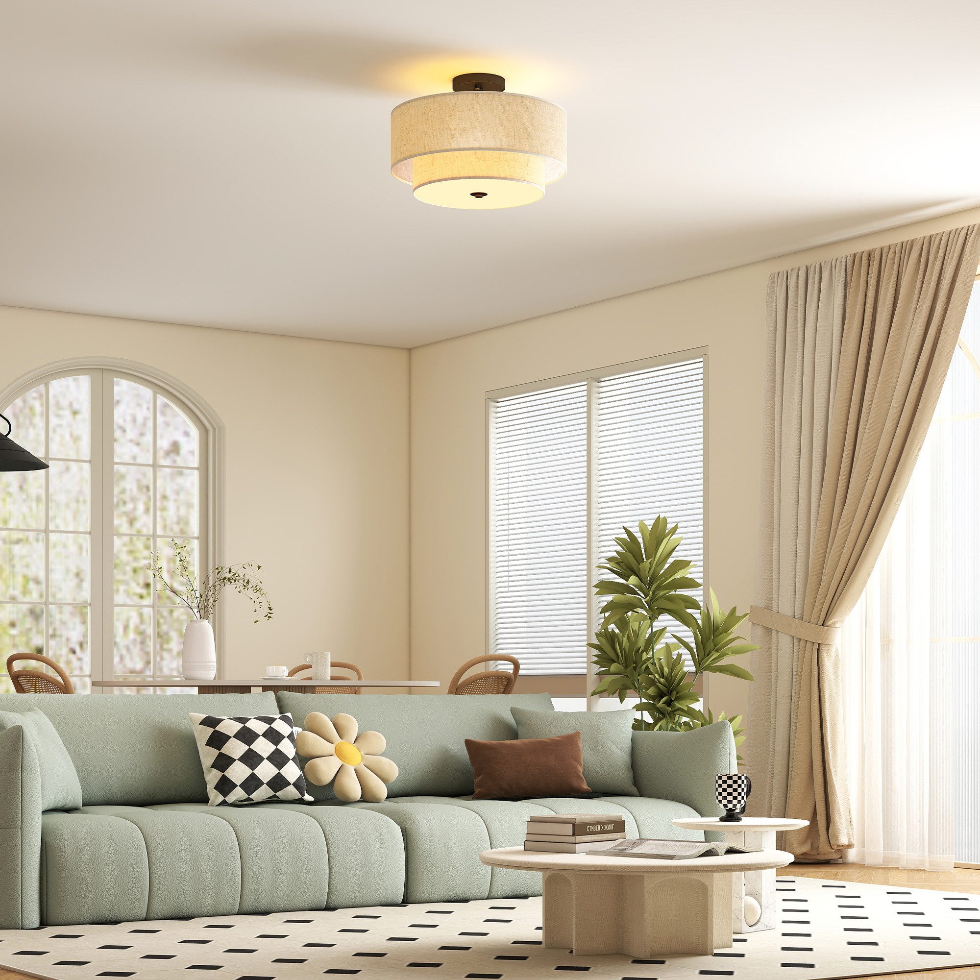 HOMCOM Deckenleuchte Deckenlampe Hängend mit 3 x E14 Fassung, Modern minimalistischer Stil, Ohne Leuchtmittel, für Schlafzimmer Wohnzimmer, Creme