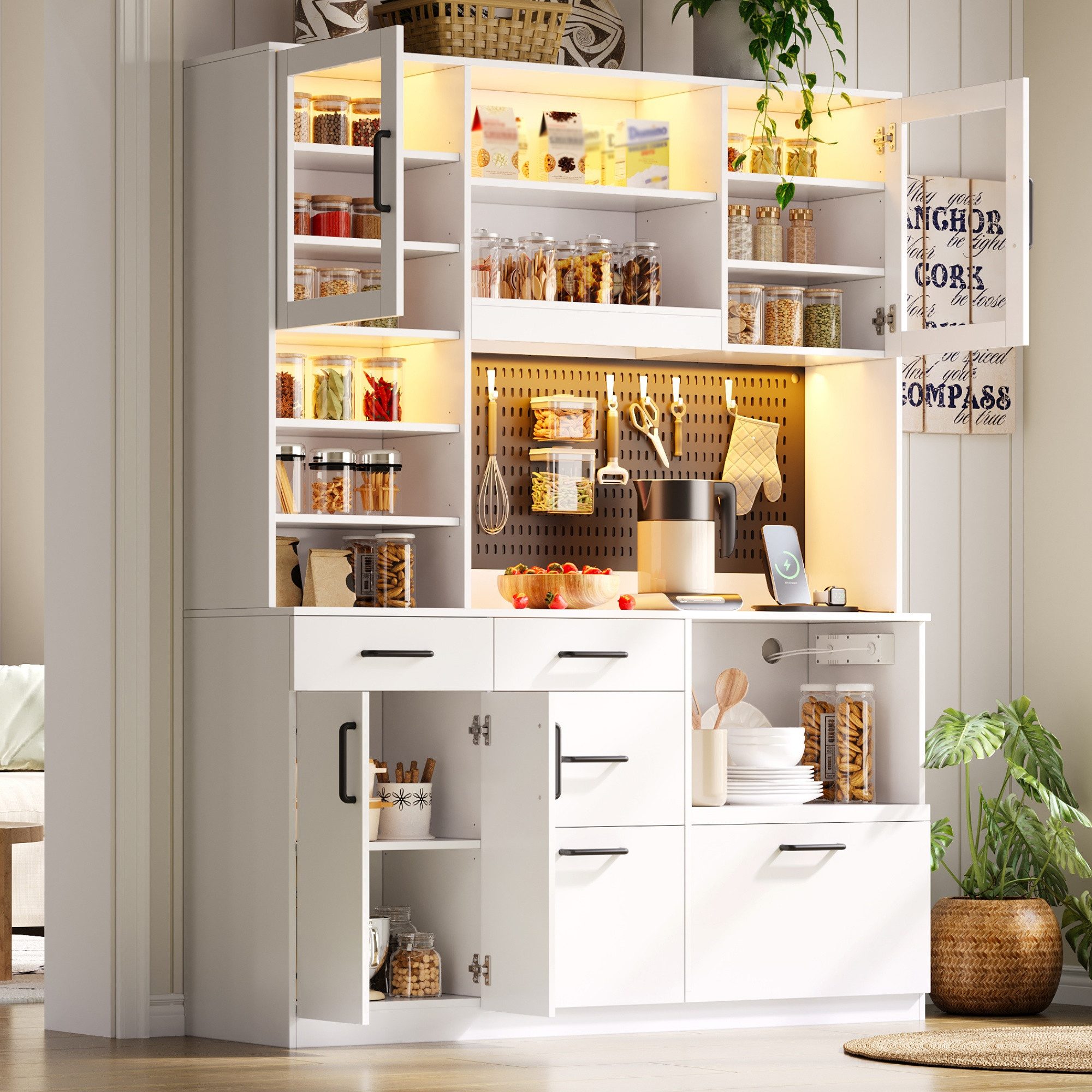 Flieks Küchenbuffet Hochschrank mit Arbeitsplatte, LED-Beleuchtung, Lochplatte, Steckdosen (B145/T40/H185 cm, 1-St) Küchenschrank Mehrzweckschrank mit verstellbare Einlegeböden Weiß