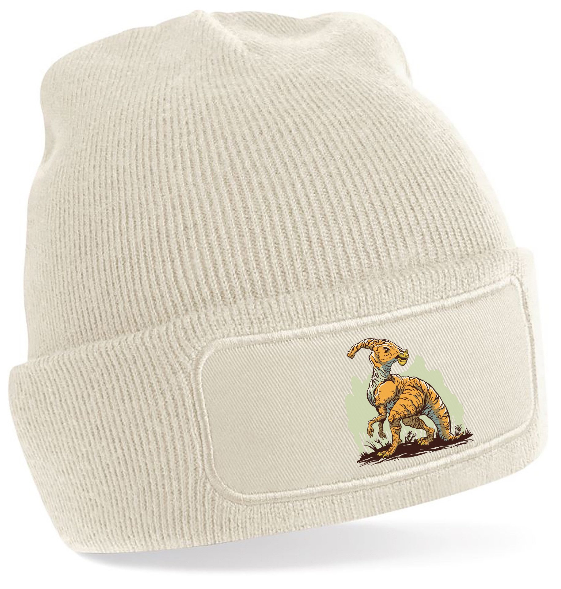 Strickmütze für kalte Tage - Beanie mit Umschlag und Dinosaurier Print