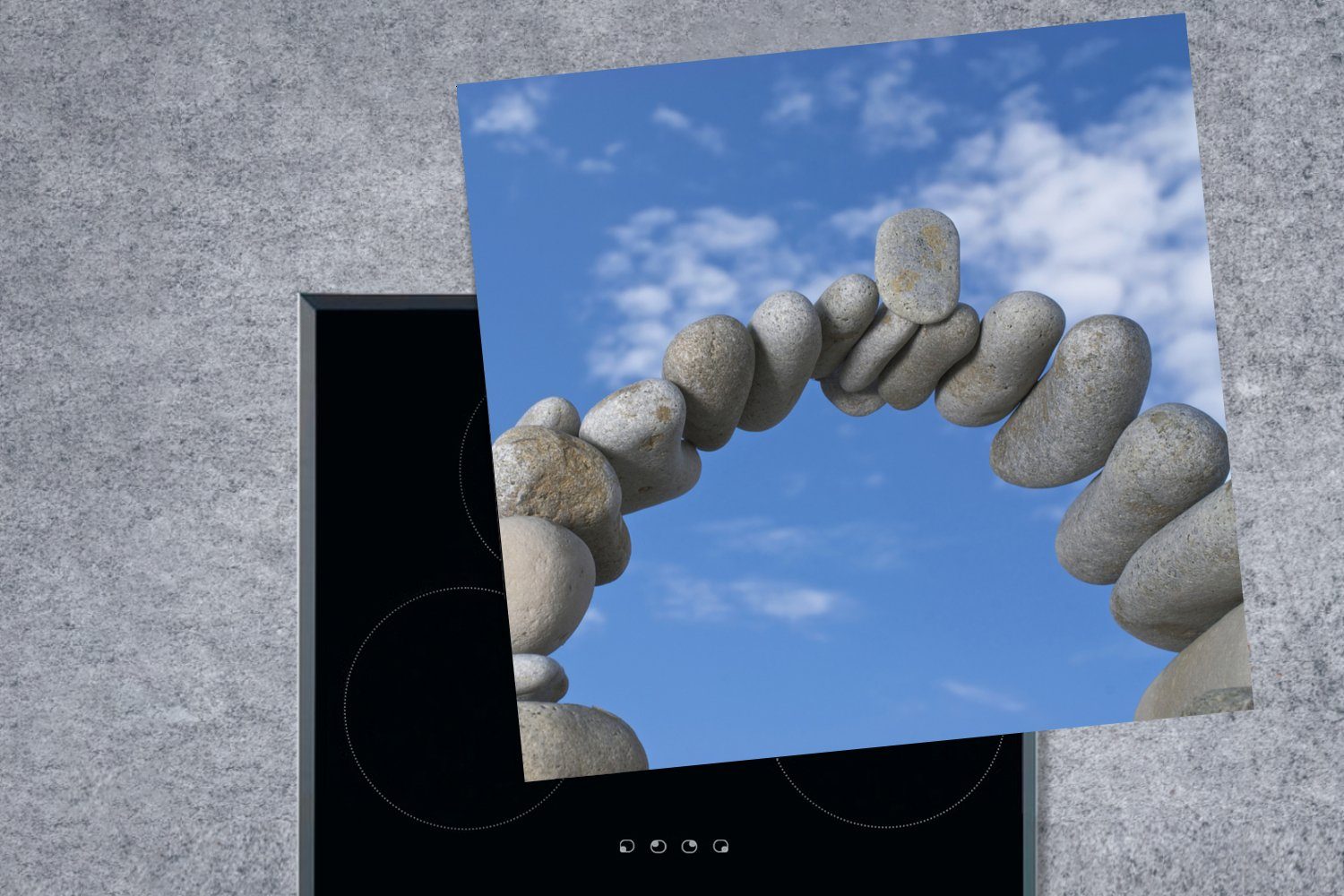 MuchoWow Herdblende-/Abdeckplatte Ein Steinbogen küche Himmel 78x78 unter Vinyl, Ceranfeldabdeckung, cm, tlg), mit blauem Wolken, Arbeitsplatte (1 für