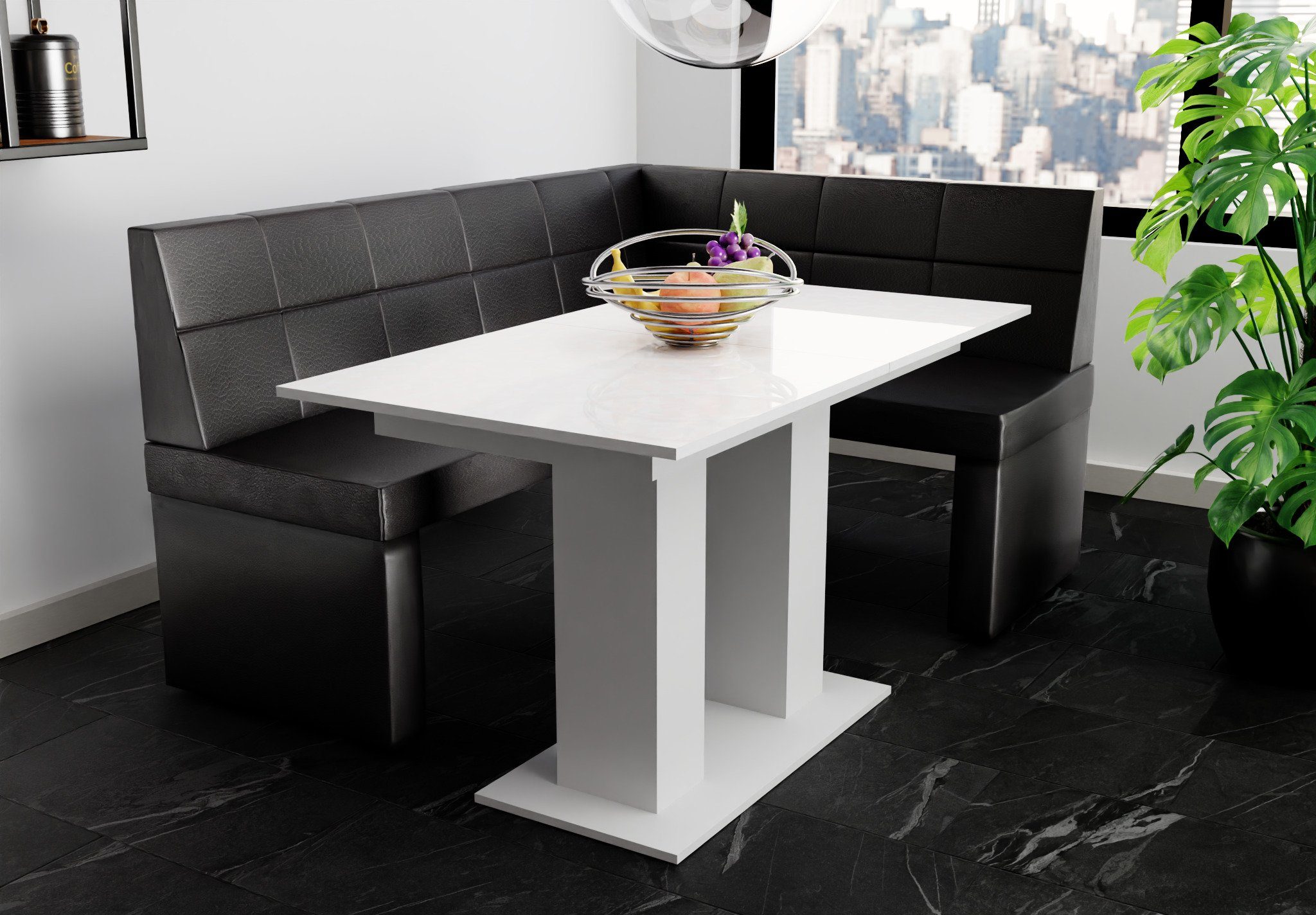 „BLAKE Eckbankgruppe Tisch Weiß Eckbankgruppe Fun Tisch ausziehbarer Größe 196x142cm mit Hochglanz, XL“ Möbel