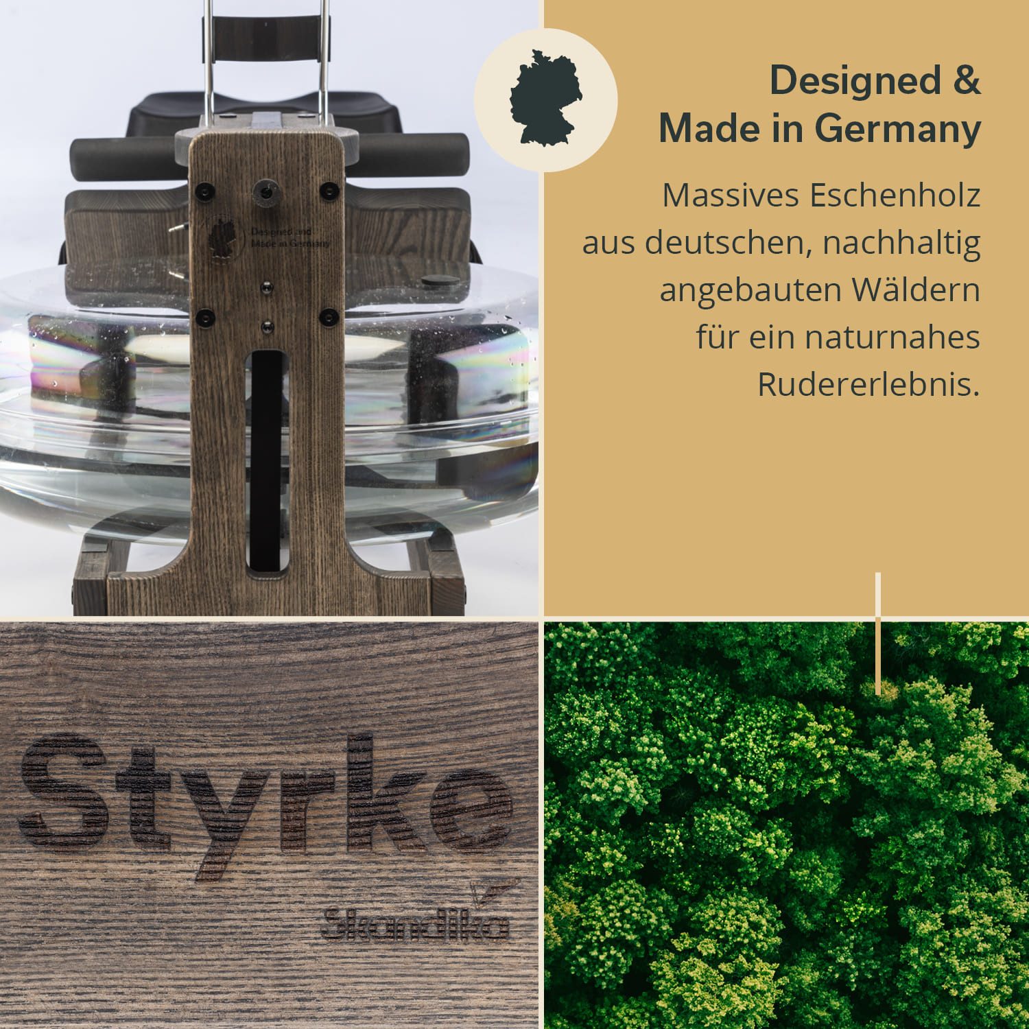 Skandika Rudergerät Styrke, Wasser-Rudermaschine für Zuhause, naturnahes Rudern, bis 180kg (Fußstützen mit Klettverschluss, Trabsportrollen, Bluetooth), Kinomap App, Made in Germany, aus deutscher Esche, Tablet halterung