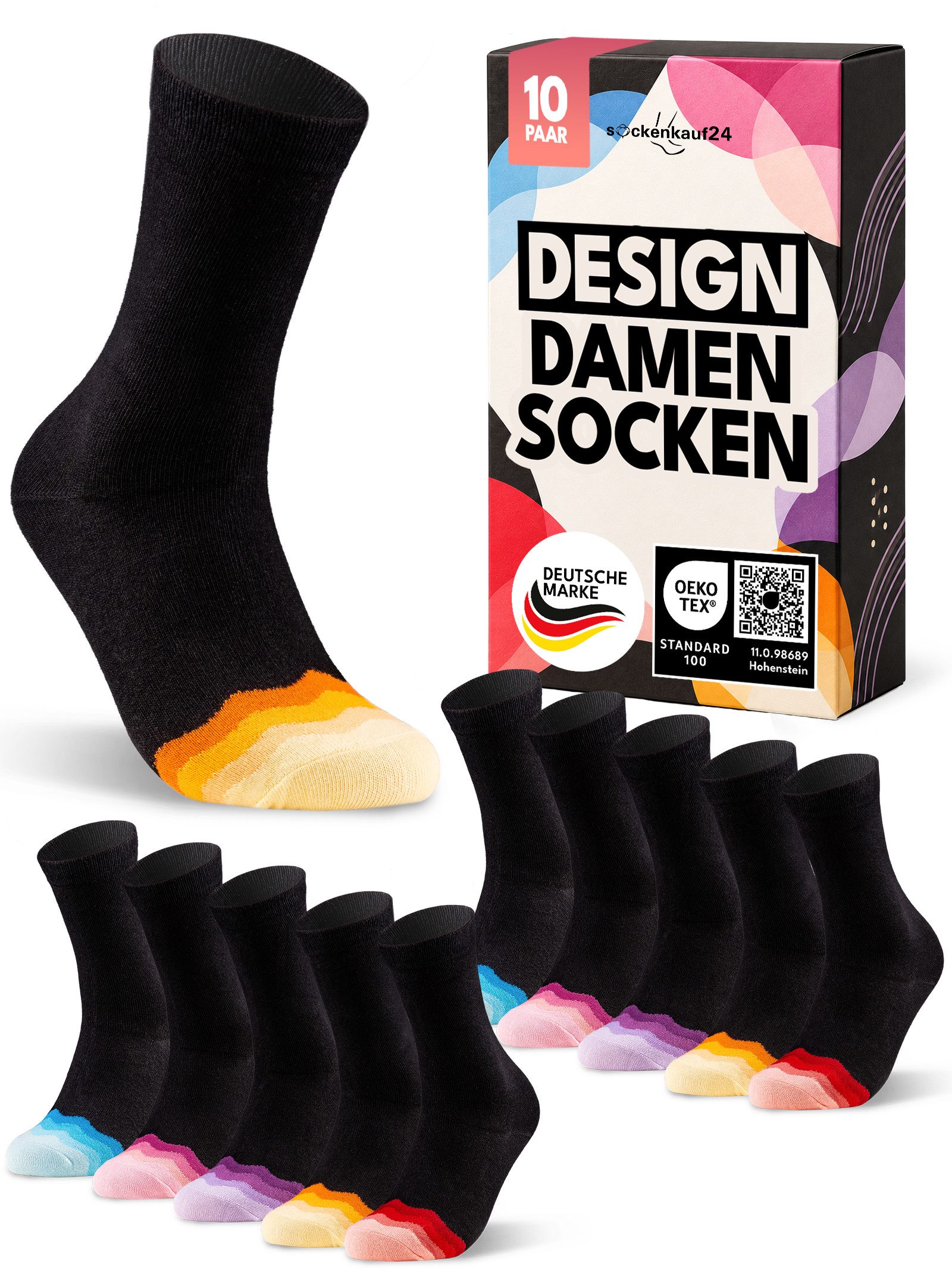 sockenkauf24 Freizeitsocken Bunte Damen Socken aus Baumwolle mit Muster (10-Paar) Atmungsaktive Damensocken in Schwarz mit Komfortbund
