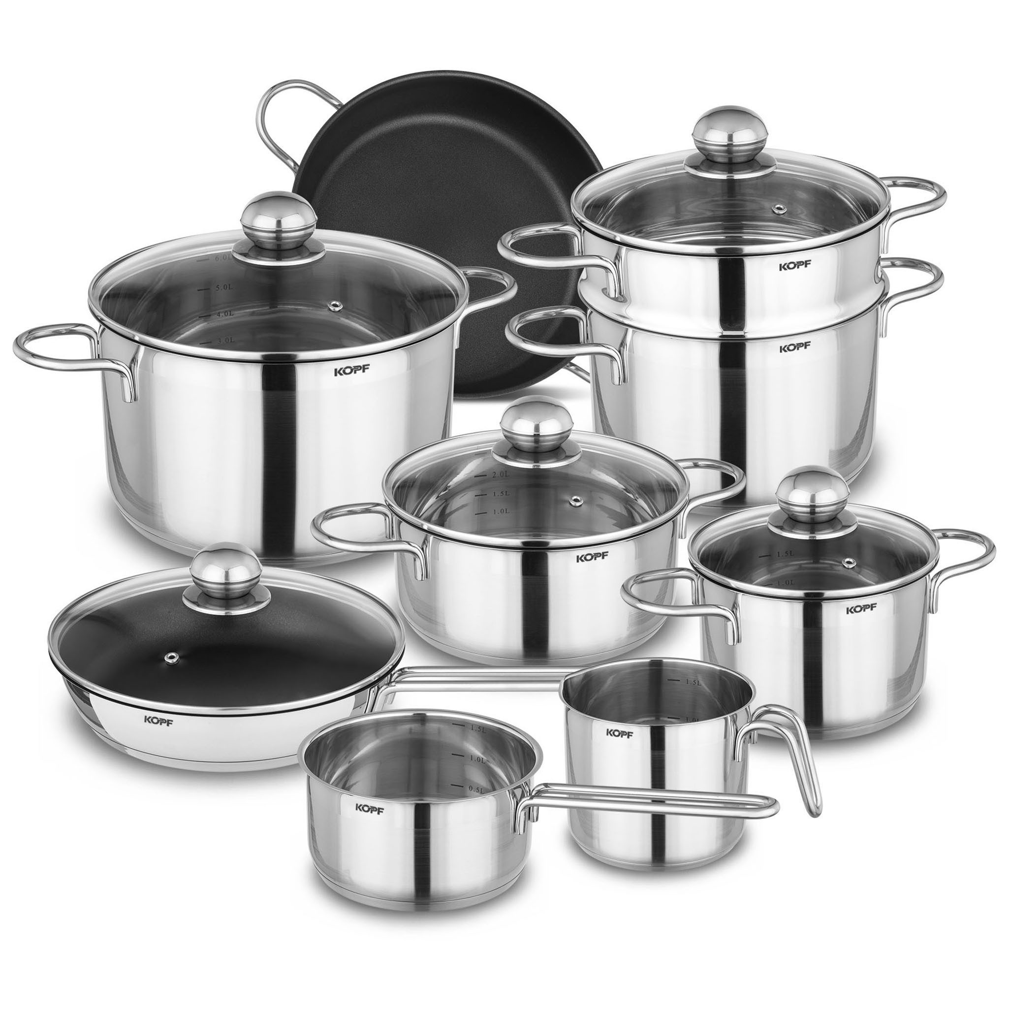 Kopf Topf-Set Josie, Edelstahl (14-tlg), Induktionstöpfe mit Schüttrand, Literskala und Glasdeckel