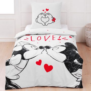 Kinderbettwäsche Minnie Mouse und Mickey Mouse Bettwäsche Love Renforcé / Linon, BERONAGE, 100% Baumwolle, 2 teilig, 135x200 + 80x80 cm