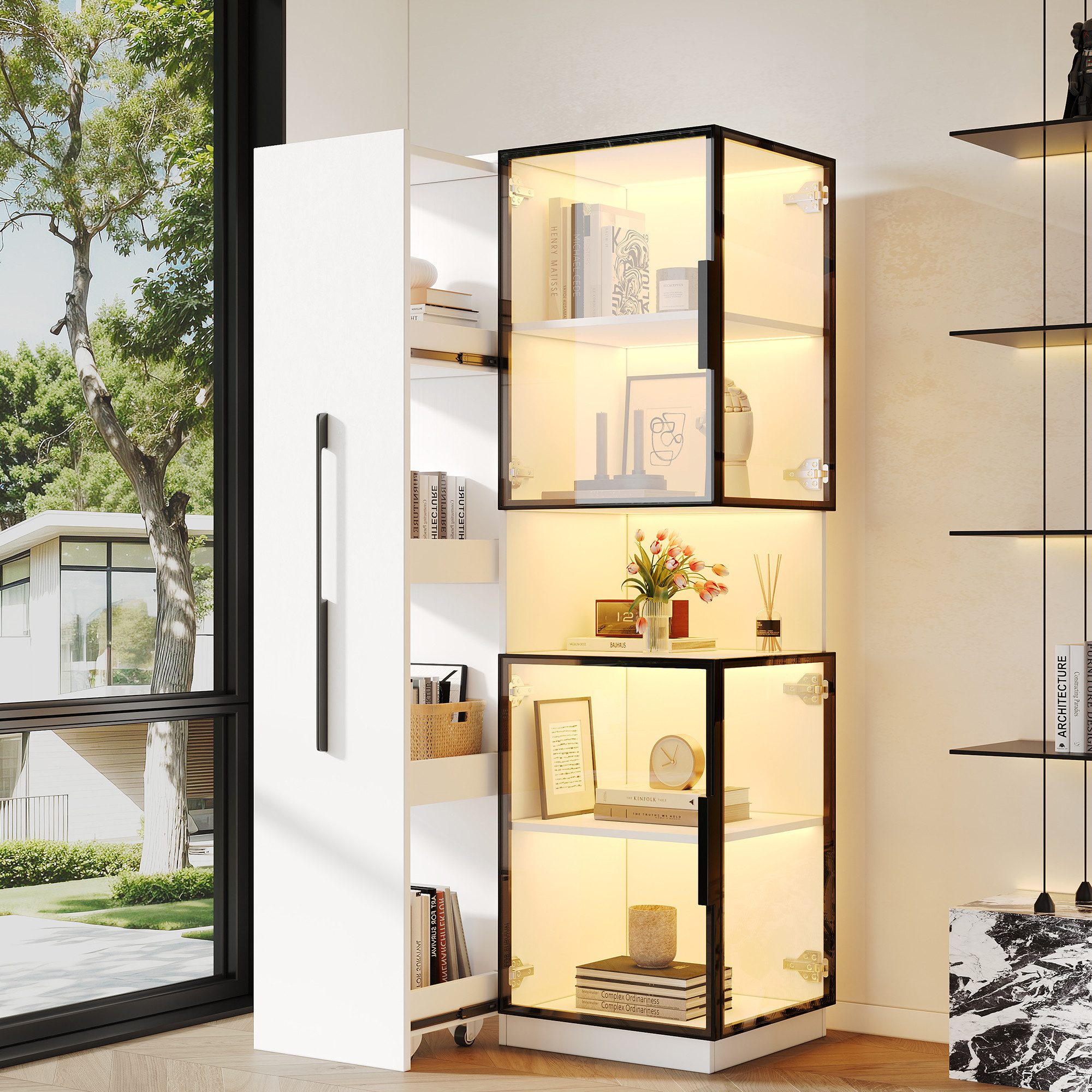 Flieks Glasvitrine Eckschrank Hochschrank mit LED-Beleuchtung, Ausziehregal, Glastüren (1-St., 70×38×160 cm) multifunktionaler Mehrzweckschrank Standvitrine Eckvitrine Weiß