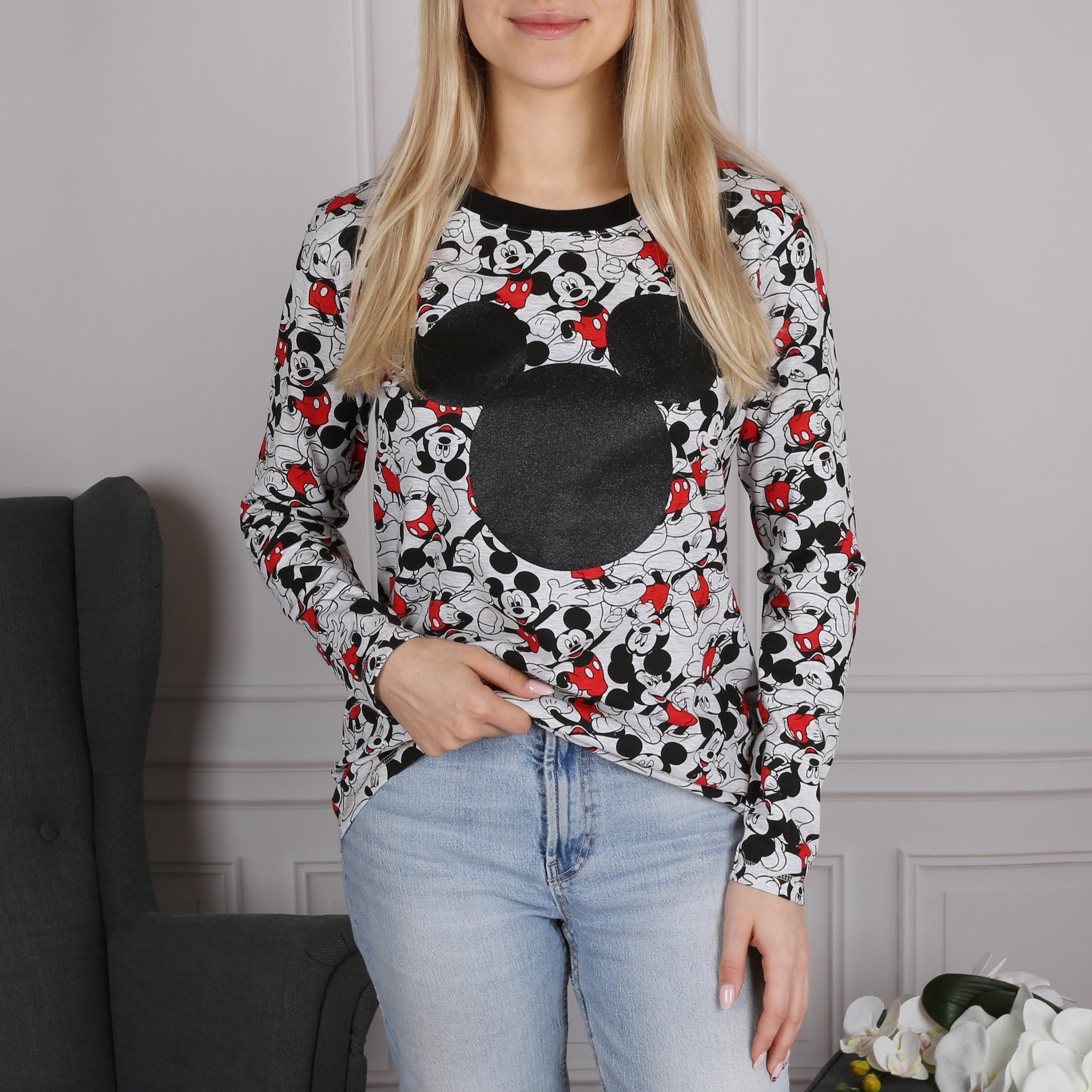 Disney Mickey Mouse Langarmshirt DISNEY Mickey Mouse langarm Damenbluse, grau, Baumwolle, M