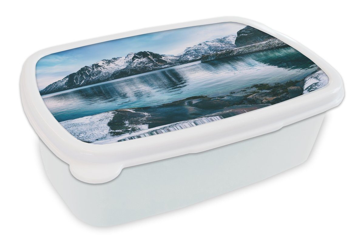 MuchoWow Lunchbox Wasser - Berge - Natur, Kunststoff, (2-tlg), Brotbox für Kinder und Erwachsene, Brotdose, für Jungs und Mädchen weiß