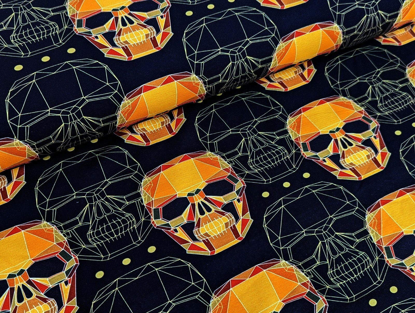 Corileo Stoff French Terry Graphic Skulls in Nachtblau / Orange Stoff Meterware Kleiderstoff