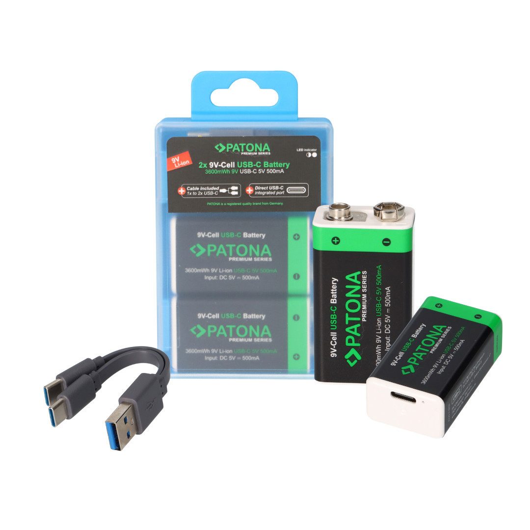 Patona 2x 9 Volt Block Premium Akkus 3,6Wh mit USB-C und Ladekabel Akku