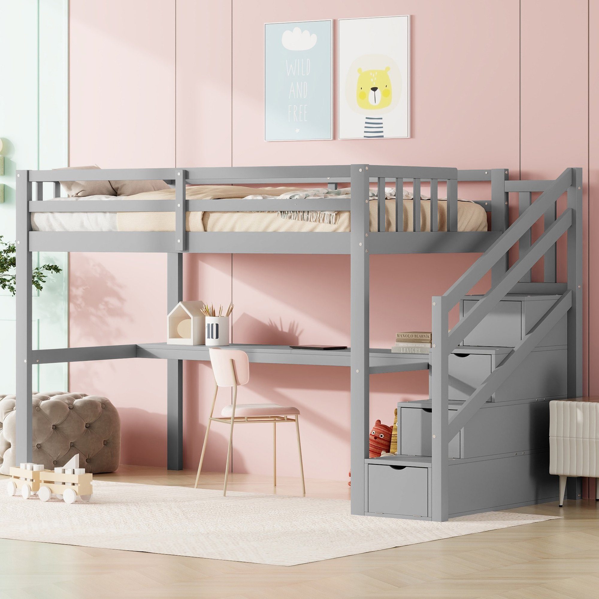 und grau Schreibtisch Etagenbett 90×200cm Flieks Massivholz Kinderbett Treppe Hochbett mit