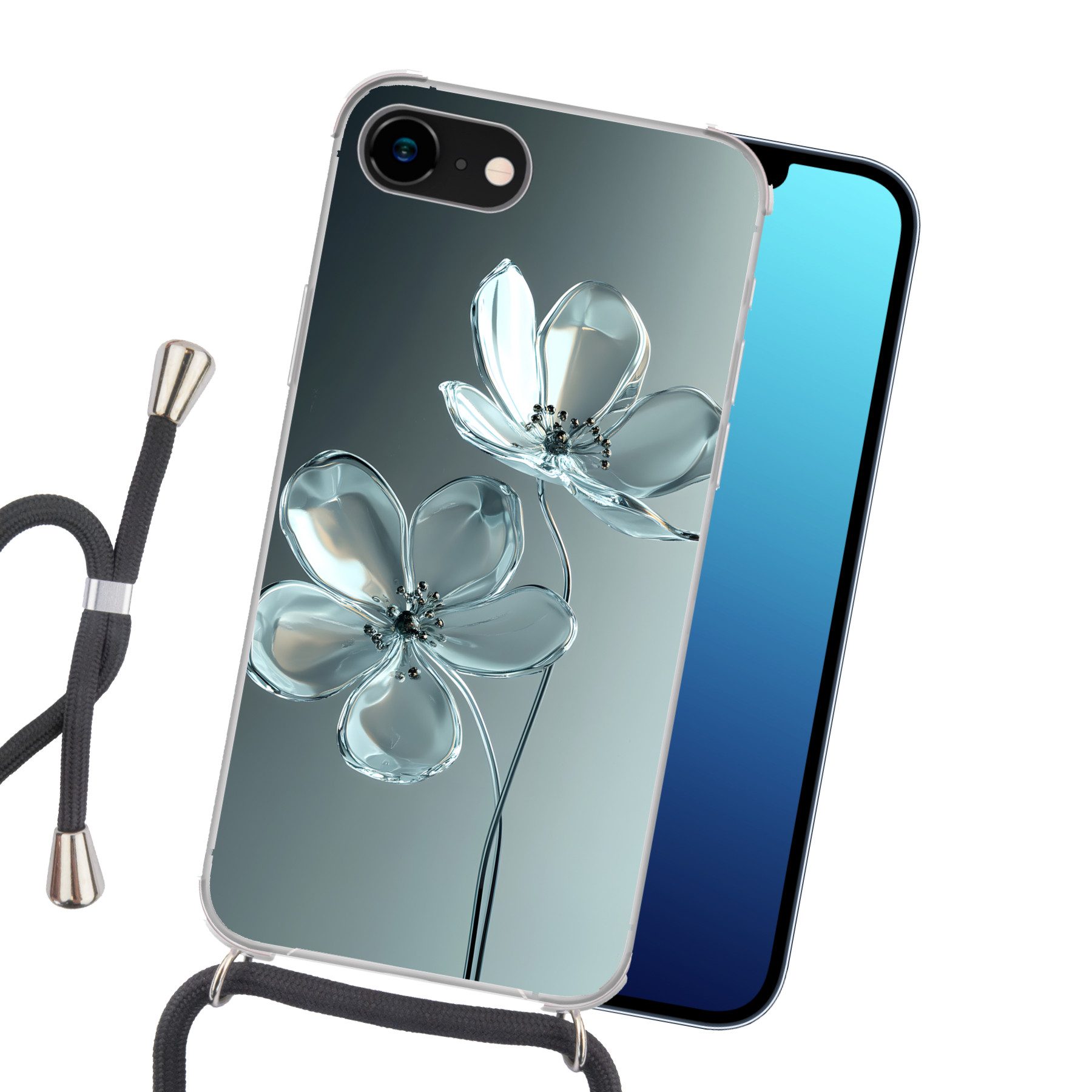 MuchoWow Handyhülle für Apple iPhone 7 Kristall - Blumen - Grau, Tragbare Handyhüllen mit Kette zum umhängen, Handykette Handyband