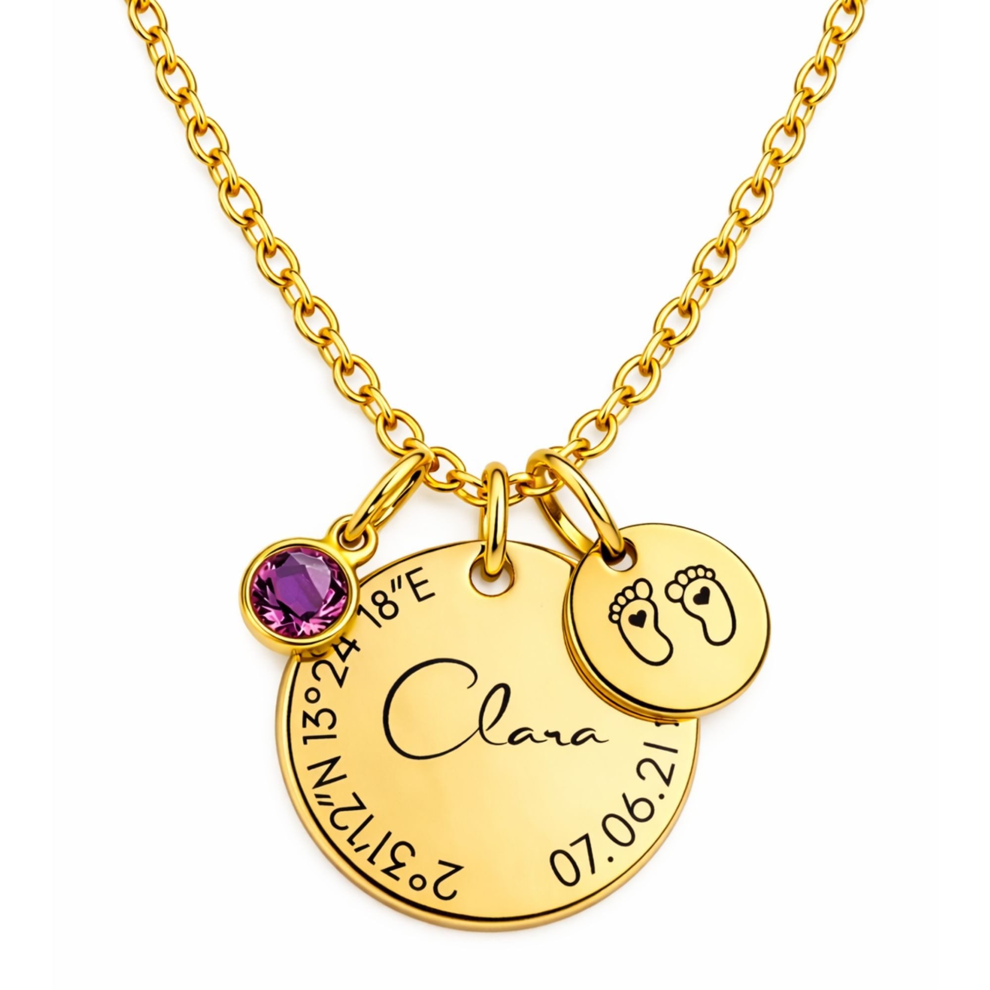 BS Schmuckdesign Kette mit Anhänger mit Gravur Personalisierte Halskette Damen Gravur Geburtsstein Koordinaten (inkl. Gravur), vollständig personalisierbar inkl. Geschenkbox