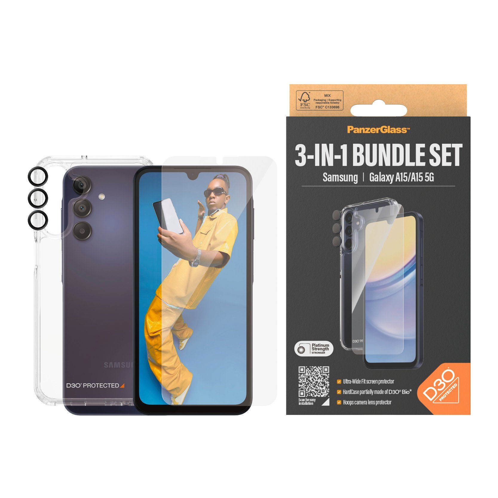 PanzerGlass Displayschutzglas 3-in-1 Bundle Set Ultra Wide Fit mit D3O für Samsung Galaxy A15, Samsung Galaxy A15 5G, Displayschutzfolie, Displayschutz, 360° Rundumschutz, mit D3O