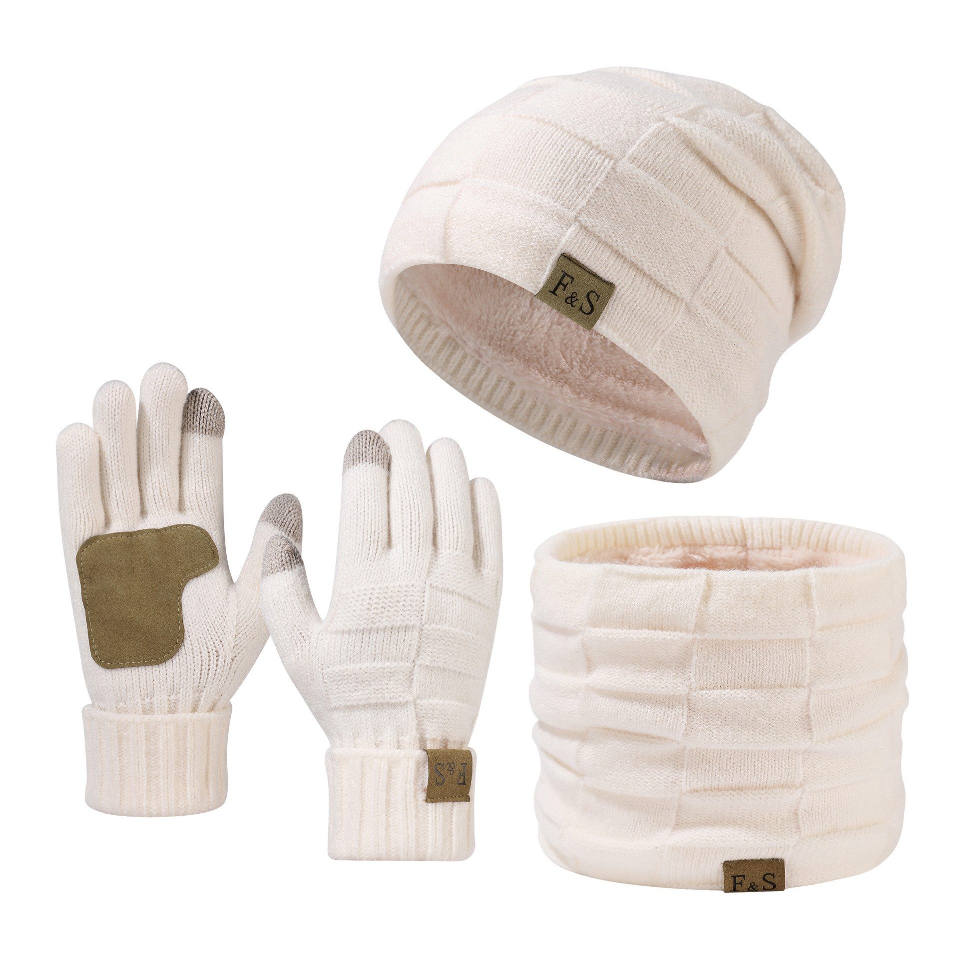 Zaewry Mütze & Schal Strickmütze, Schal und Handschuh-Set, Winterstrickmütze, Touchscreen-Handschuhe, gefütterter Kragen, Unisex