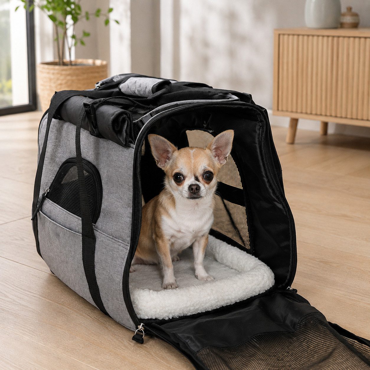 belviona Tiertransporttasche mit Befestigungsleine, Schultergurt & Liegekissen, faltbar, grau bis 10 kg, Haustier-Tragetasche für Katzen & kleine Hunde