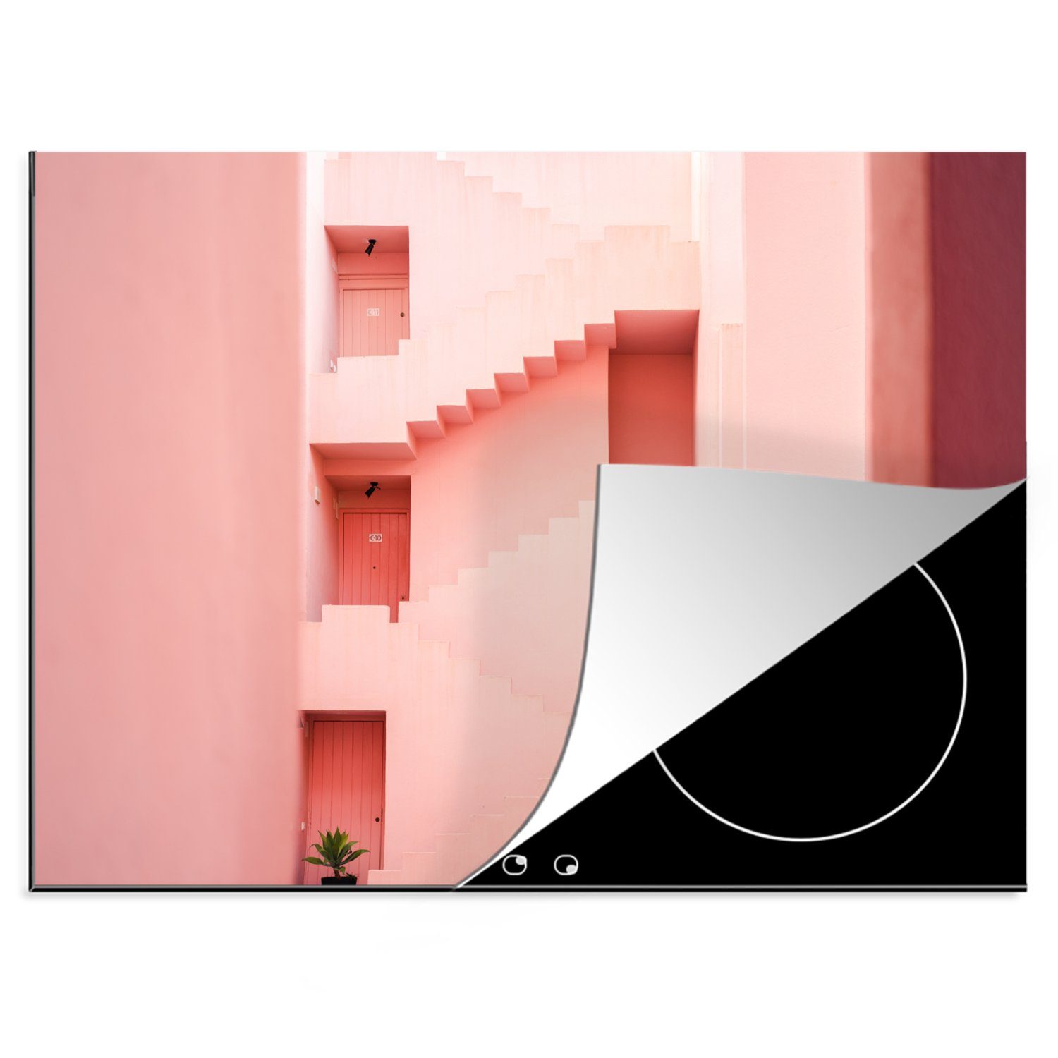 MuchoWow Herdblende-/Abdeckplatte Architektur - Treppe - Rosa - Haus, Vinyl, (1 tlg), 70x52 cm, Mobile Arbeitsfläche nutzbar, Ceranfeldabdeckung