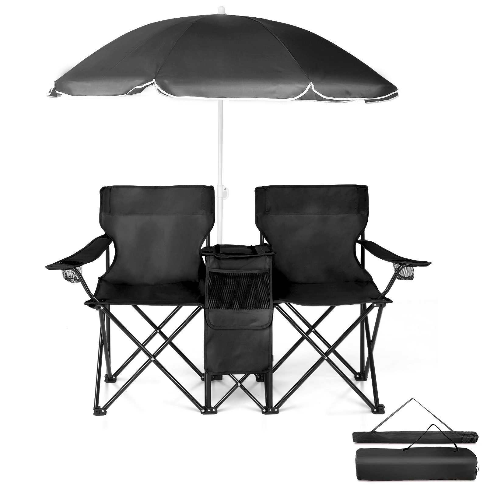 LEADZM Campingstuhl Doppel Anglerstuhl mit Sonnenschirm & isolierter Kühltasche, UV-Sonnenschirm, 5,3l Kühltasche, Becherhaltern & Tragetasche