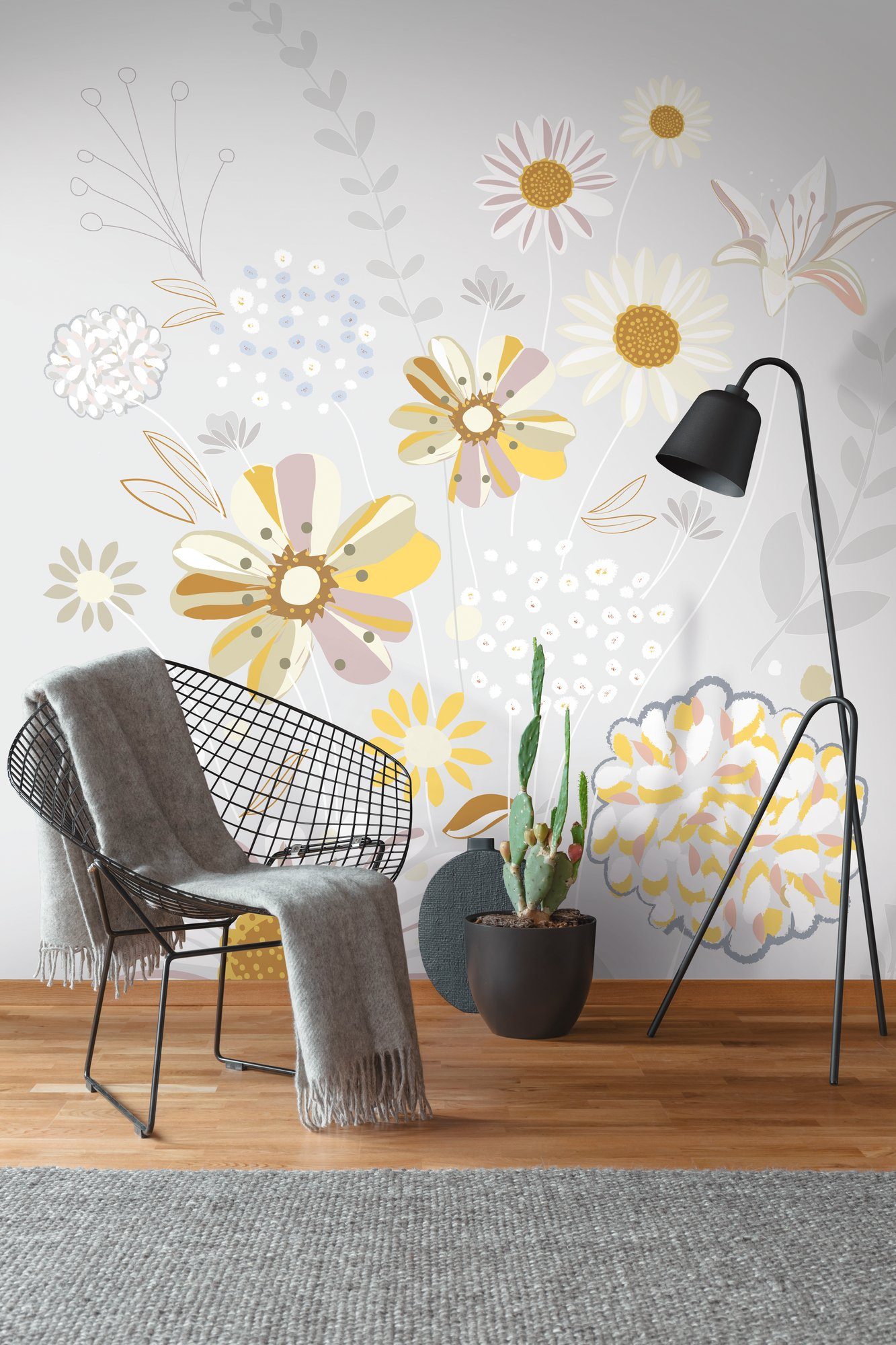 Blumentapete Fototapete Grau,Gelb,Beige Floral, St), matt, Fototapete Floral (1 living glatt, walls