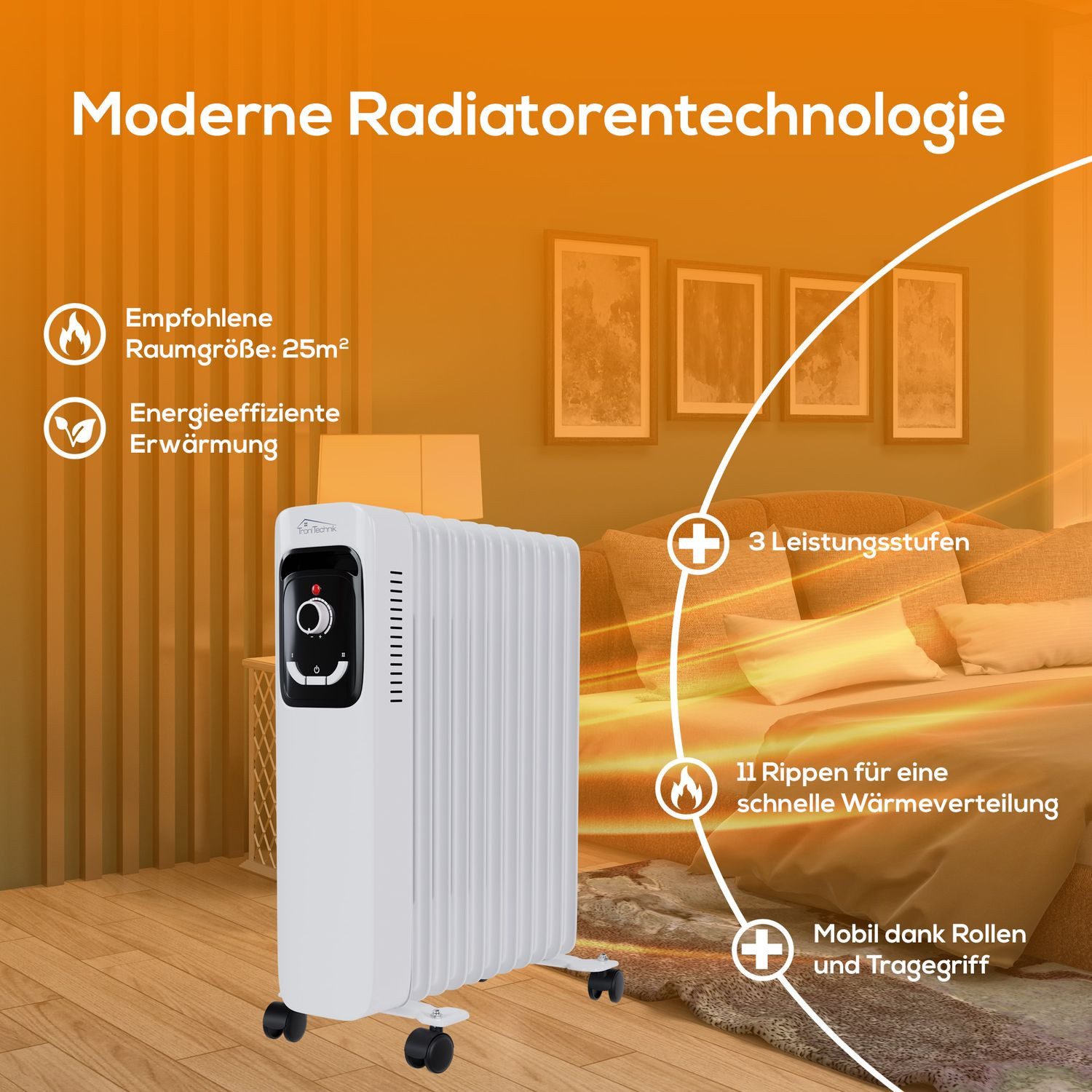 TroniTechnik Ölradiator Ölradiator in weiß, mobile Elektroheizung 11 Rippen, 2500Watt, energiesparend, Elektroheizung, 2500 Watt, 3 Stufen – Bild 5 von 5