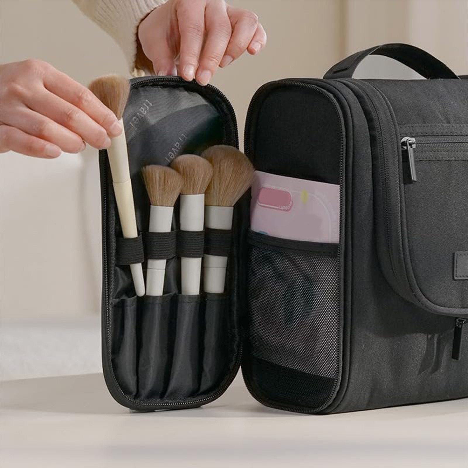 HAUSS SPOLE Kulturbeutel Reisetasche Mit Große Kapazität Aufbewahrungstasche Rasiertasche (viel Stauraum für Toilettenartikel Kosmetik Rasierer, 1-tlg., mit Haken wasserdichter Nass-/Trocken-Trennung abnehmbarer Tasche), Unisex für Urlaub Business Outdoor und als Geschenk geeignet