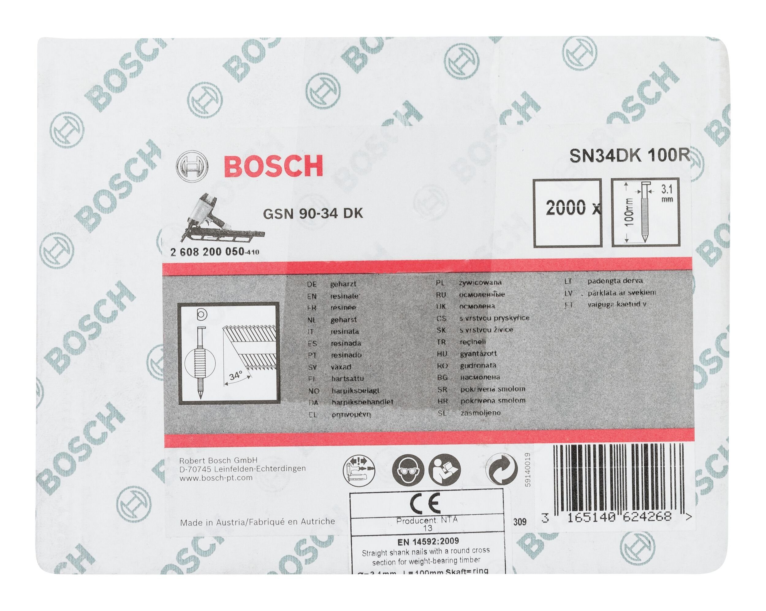 Thumbnail - BOSCH Tackerklammer, SN34DK D-Kopf Streifennagel blank - 3,1 x 100 mm - 2000er-Pack