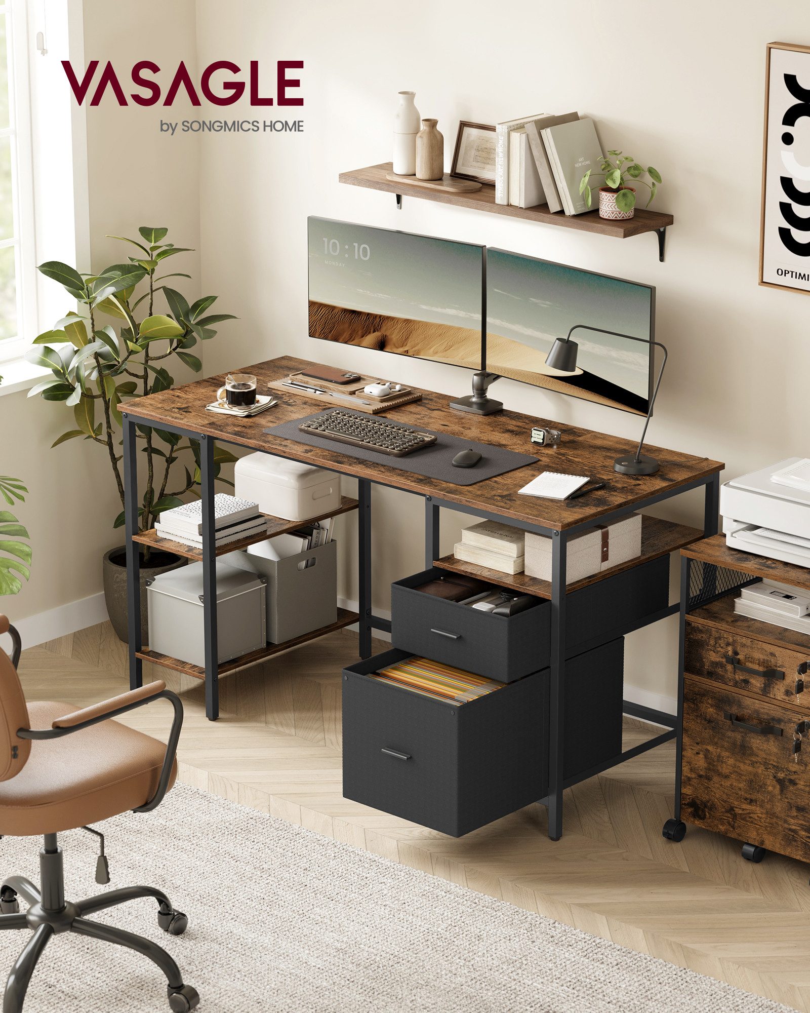 VASAGLE Schreibtisch Computertisch, Bürotisch, mit 3 Ablagen, 2 Schubladen, 140/160 cm
