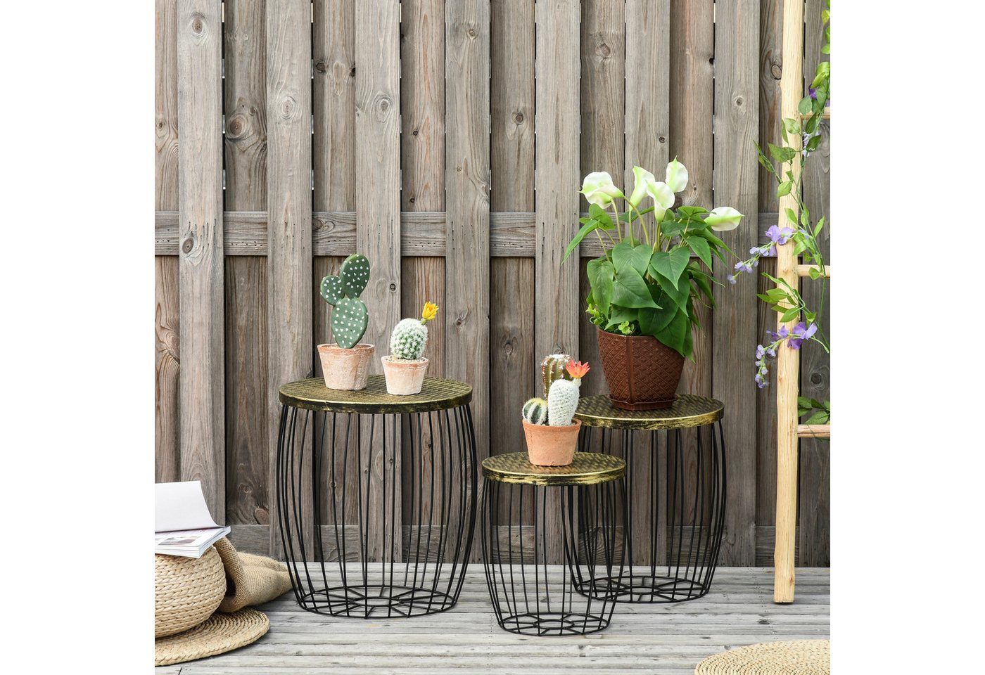 Outsunny Gartentisch Garten Satztisch Gartenmöbel für Outdoor Balkon (Couchtische, 3-St., Beistelltische), Metall, Natur+Schwarz, 3 Größen