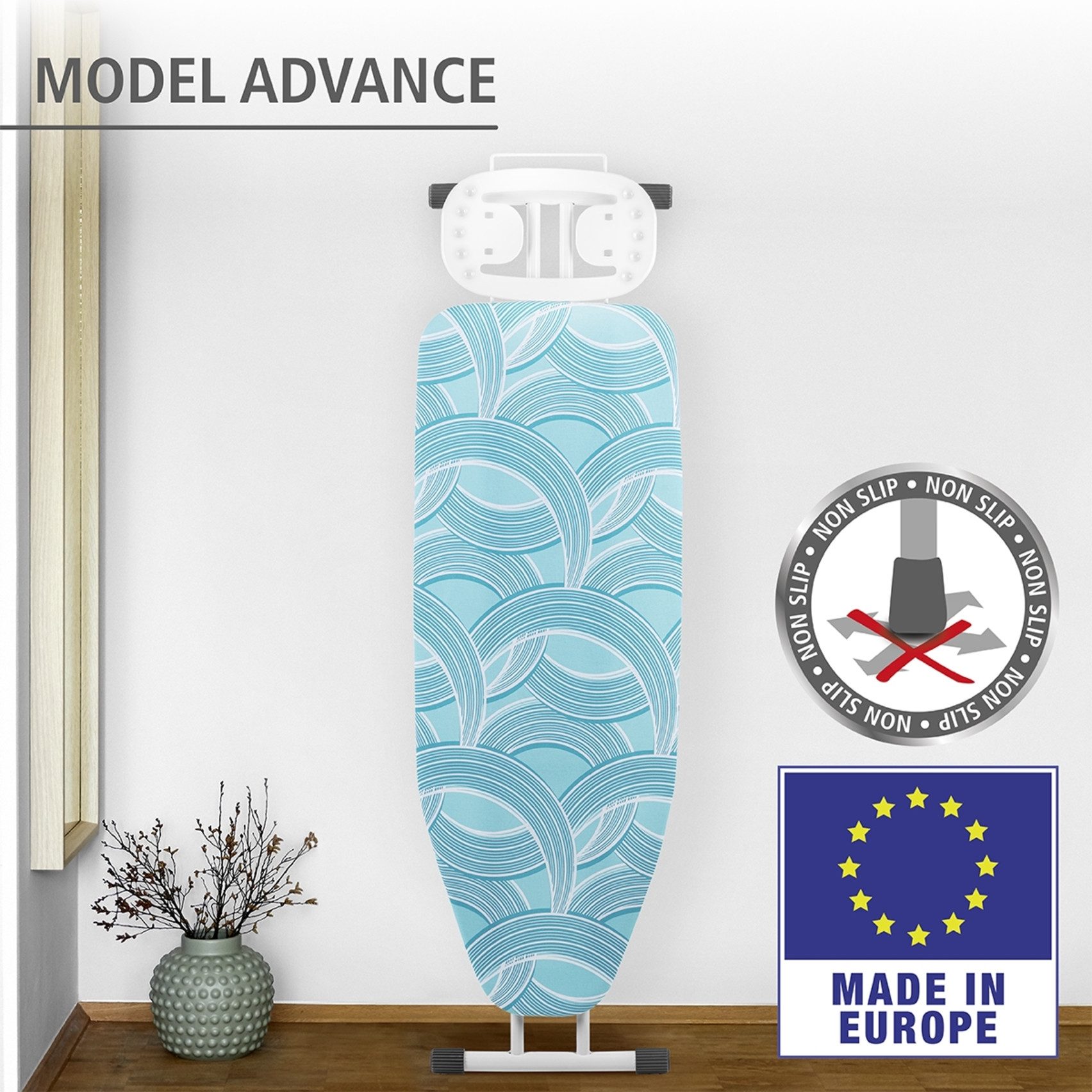 WENKO Bügelbrett Modell Advance, Bügelfläche 120x42 cm, höhenverstellbarer Bügeltisch, platzsparend klappbar