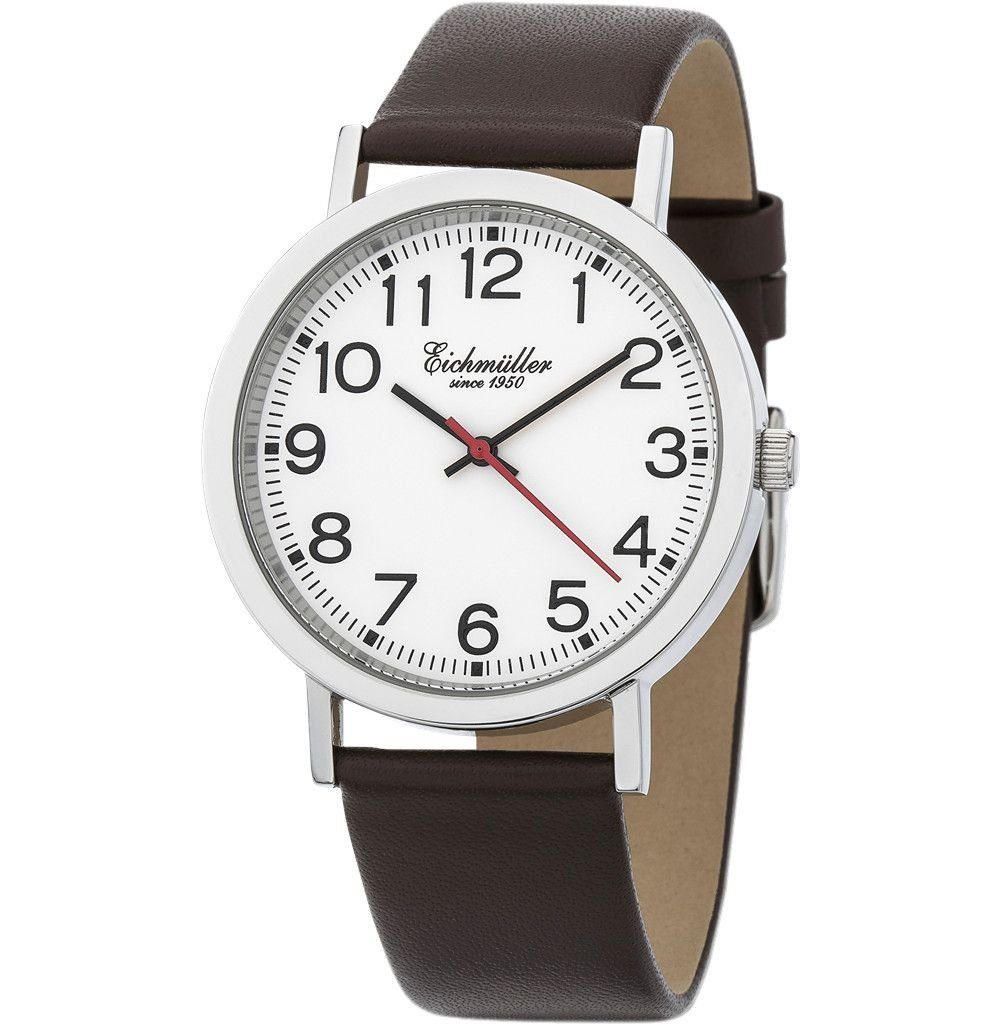 Eichmüller Quarzuhr 1741-02 Herrenuhr – Bahnhofsuhr Weiß, Lederband Braun, 40 mm