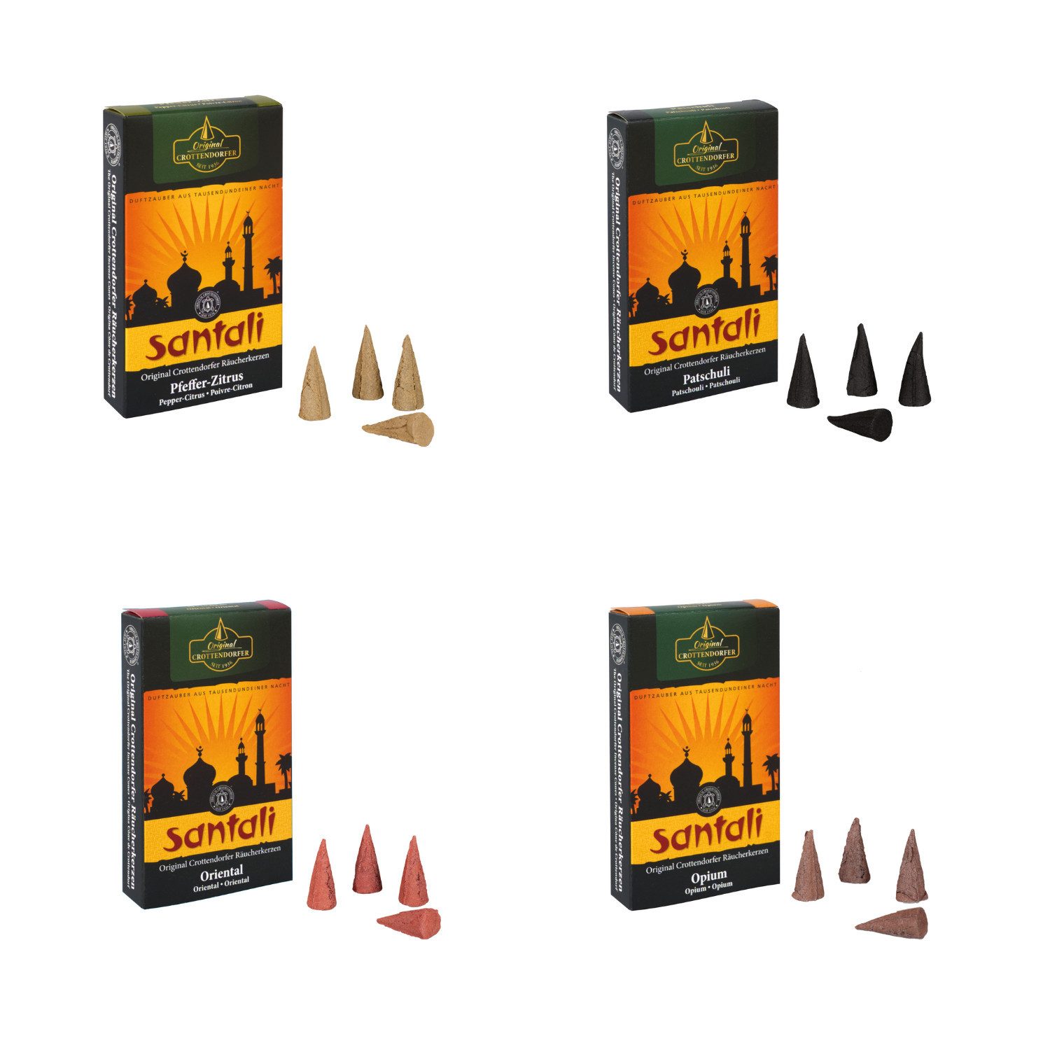 Crottendorfer Duftkerze Räucherkerzen 4er Set - Santali - je 24 Stück der Größe M, für stimmungsvolle, exotische Raumatmosphäre - Made in Germany