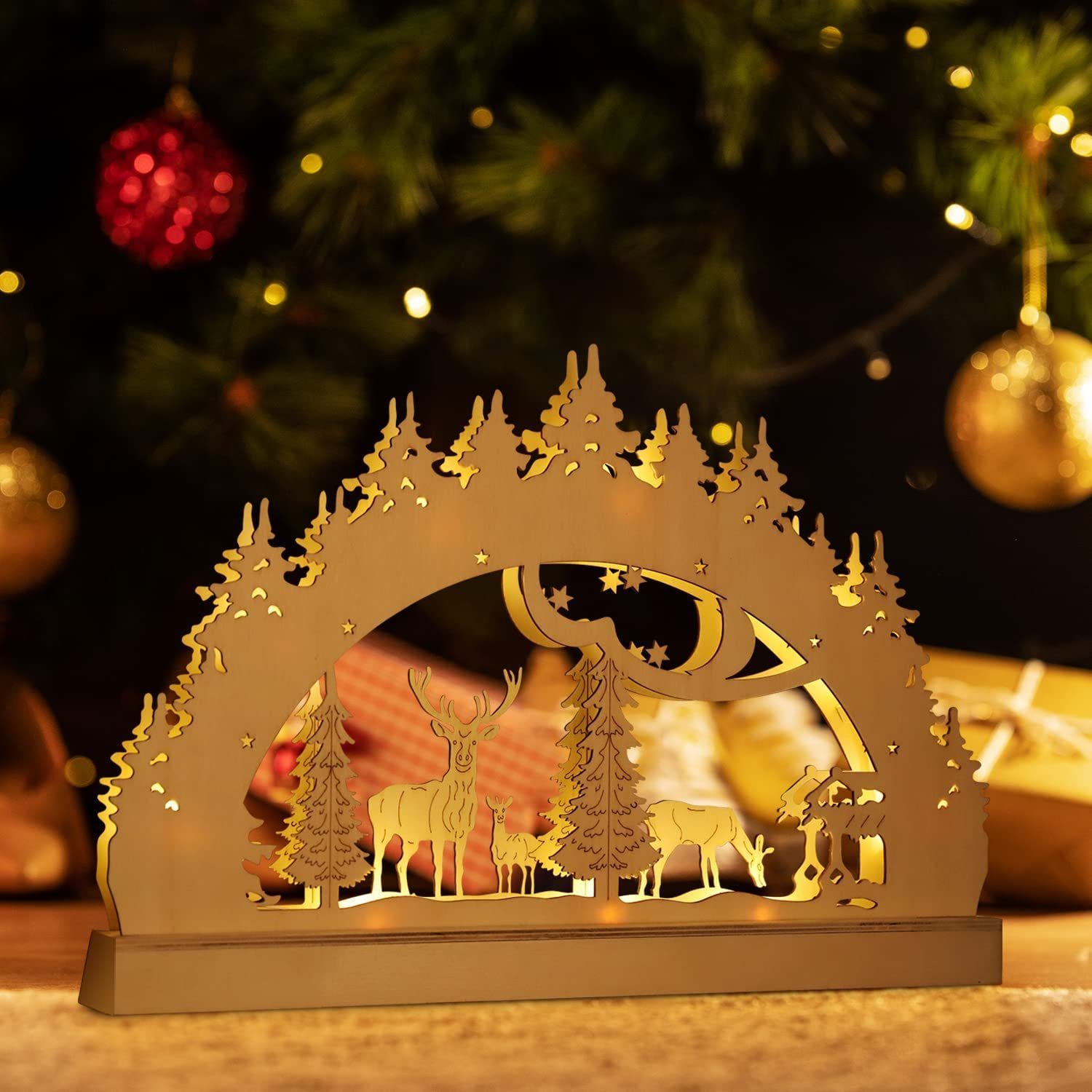 Salcar LED Lichterbogen LED Schwibbogen Weihnachten Lichterbogen Batterie Weihnachtsdeko Innen, Dekoration aus Holz für Advent und Weihnachten mit 10 LEDs in Warmweiß
