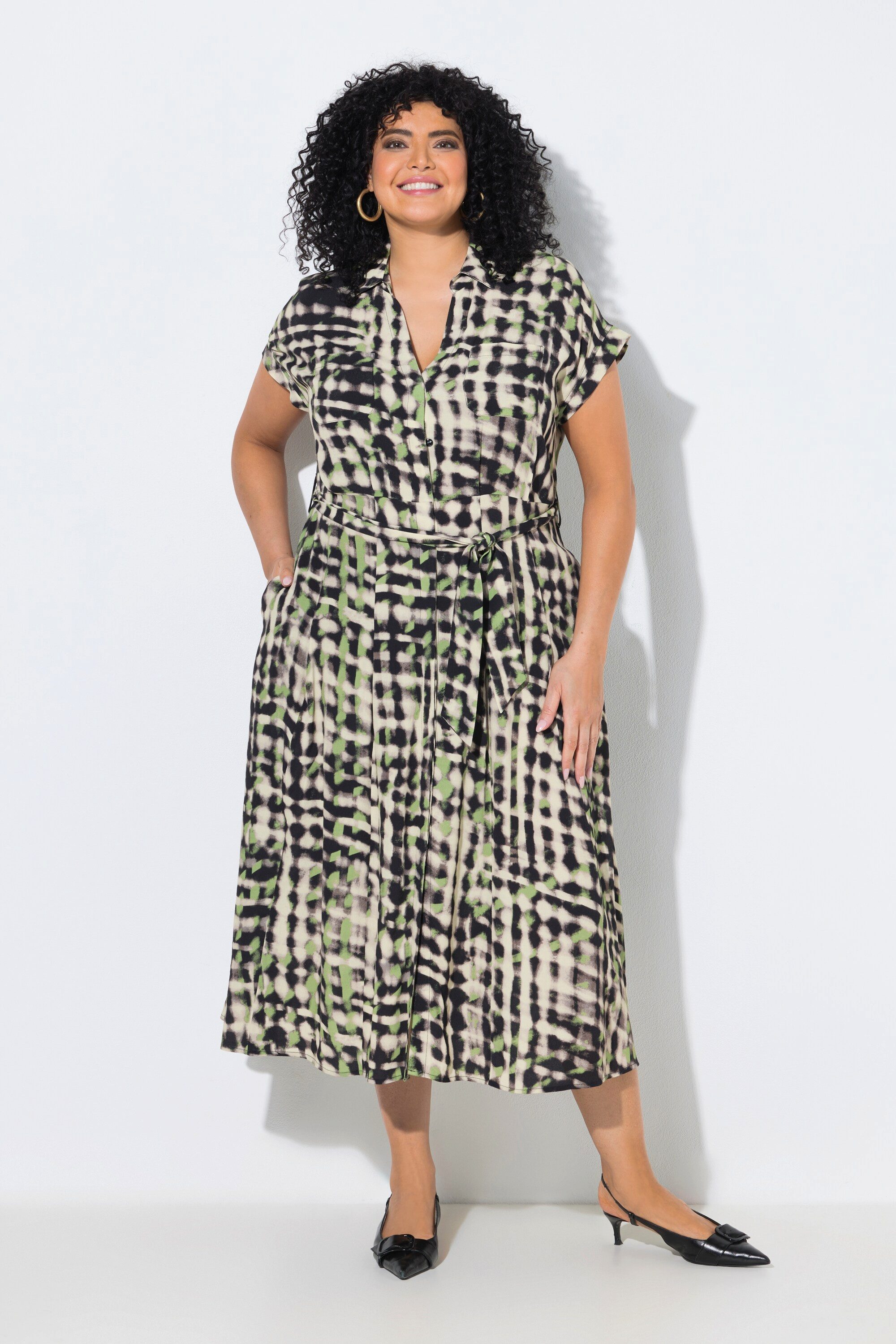 Ulla Popken Maxikleid Maxikleid Hemdkragen Bindegürtel Brusttaschen