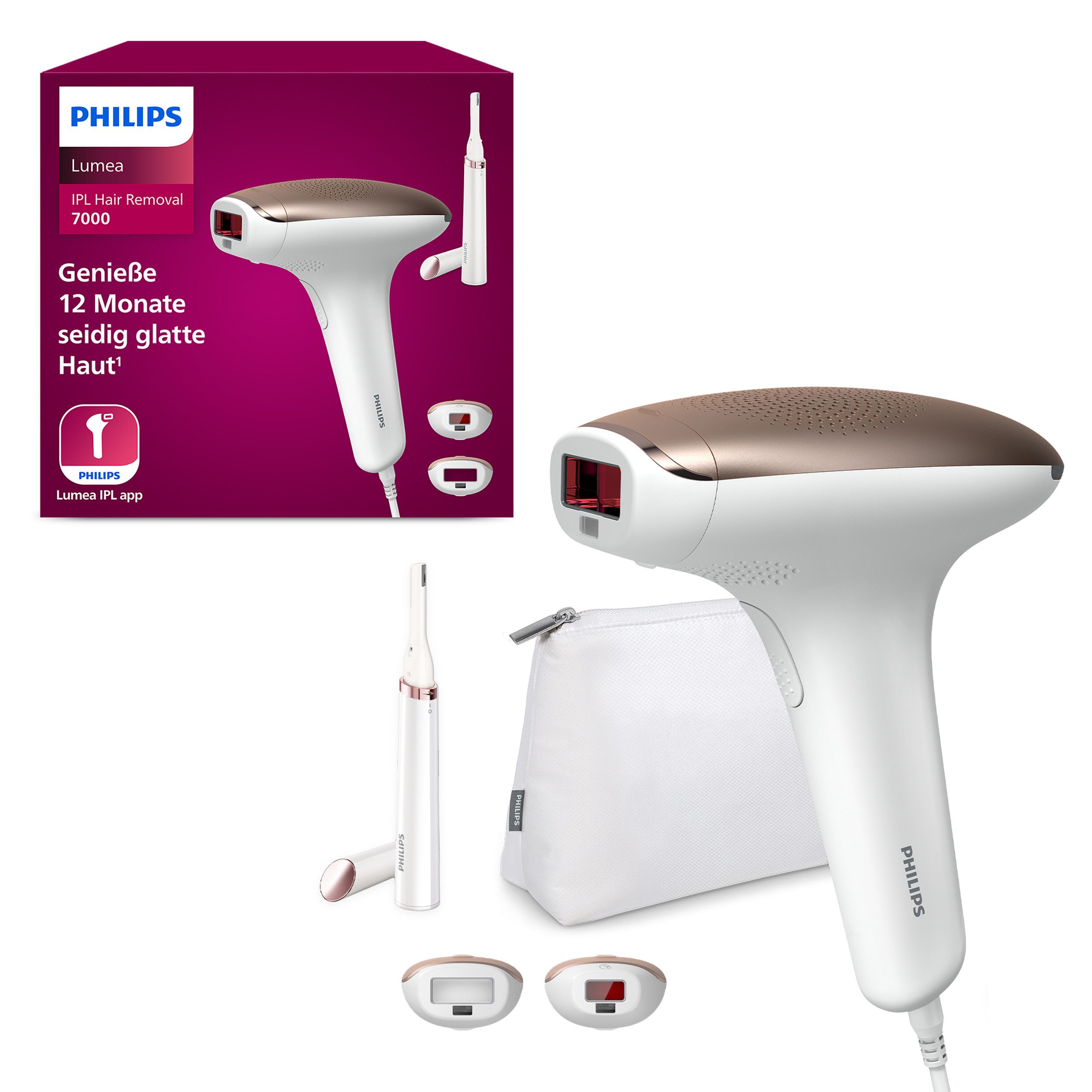 Philips IPL-Haarentferner Lumea S7000 BRI921/00, 250000 Lichtimpulse, 2 Aufsätze (Körper und Gesicht), inkl. Präzisionstrimmer