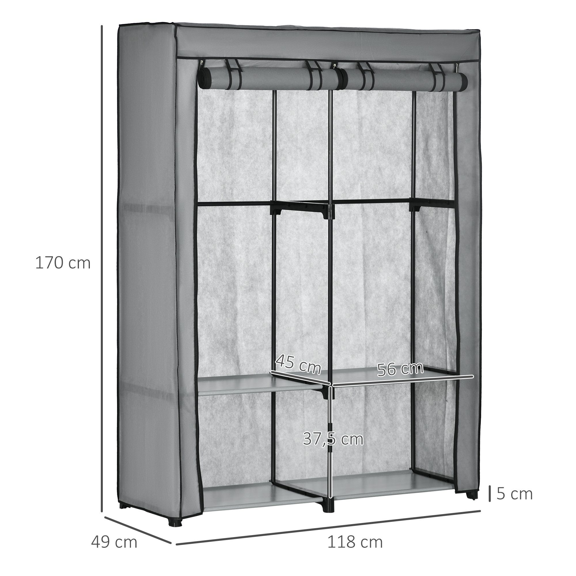 HOMCOM Stoffschrank Faltschrank mit Kleiderstangen, 4 Fächern (Faltbare Garderobe, 1-St., Kleiderschrank) Hellgrau, 118 x 49 x 170 cm