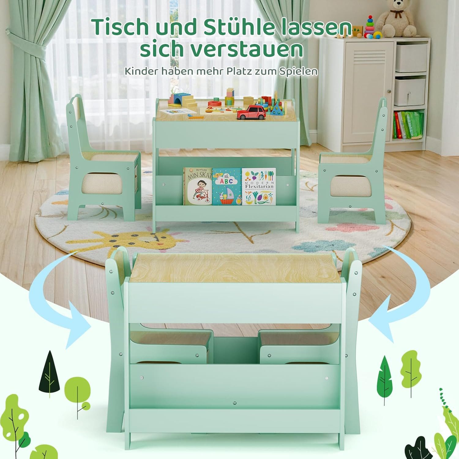 TLGREEN Kindersitzgruppe 3-in-1 Multifunktional mit Whiteboard & Kreidetafel, (Maltisch & Schreibtisch mit Großen Stauraum & Buchständer, Spieltisch für Lego Ki – Bild 3 von 5