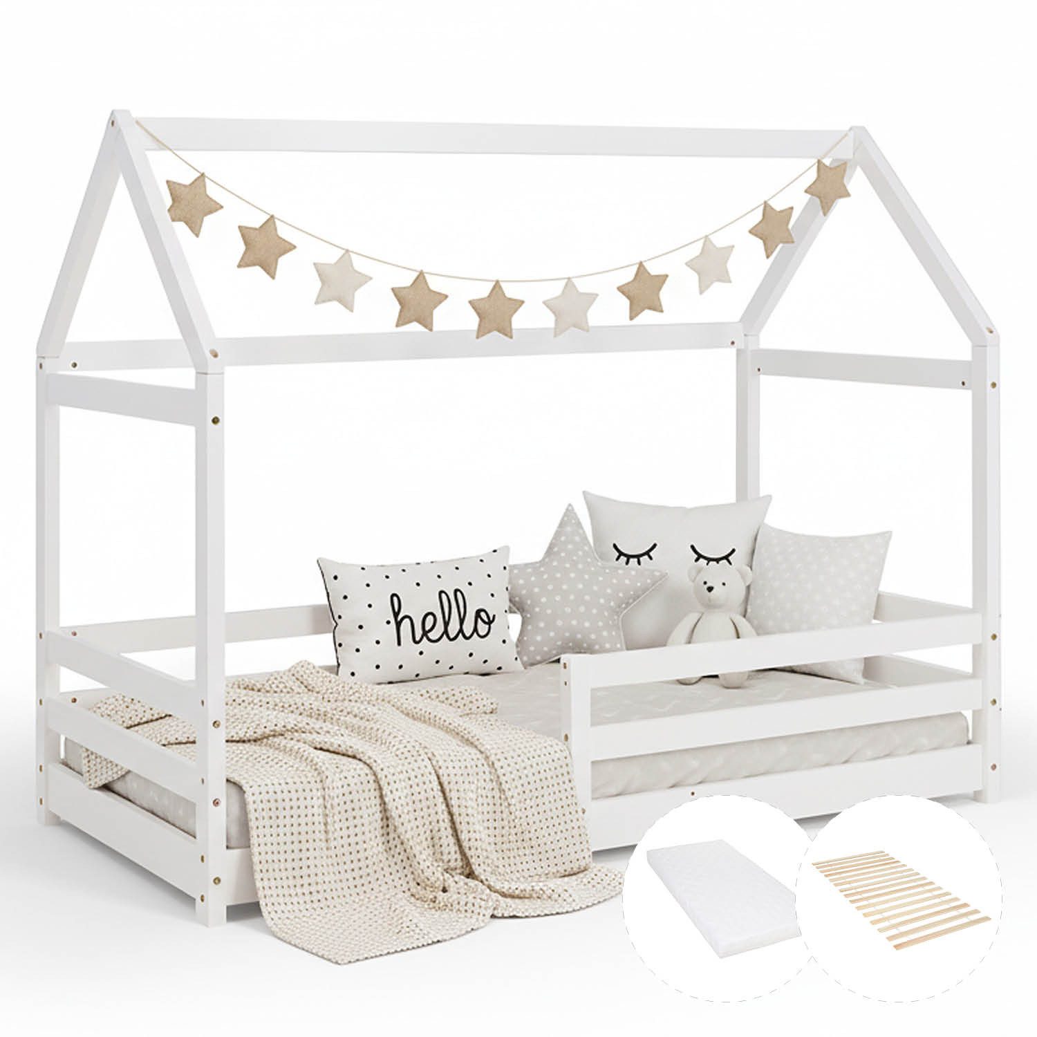 Homestyle4u Hausbett 80x160 Holz mit Lattenrost Hausbett Bodenbett Montessori Kleinkind (Komplett-Set mit Lattenrost, Matratze mit OEKO-TEX® Standard 100), mit Rausfallschutz
