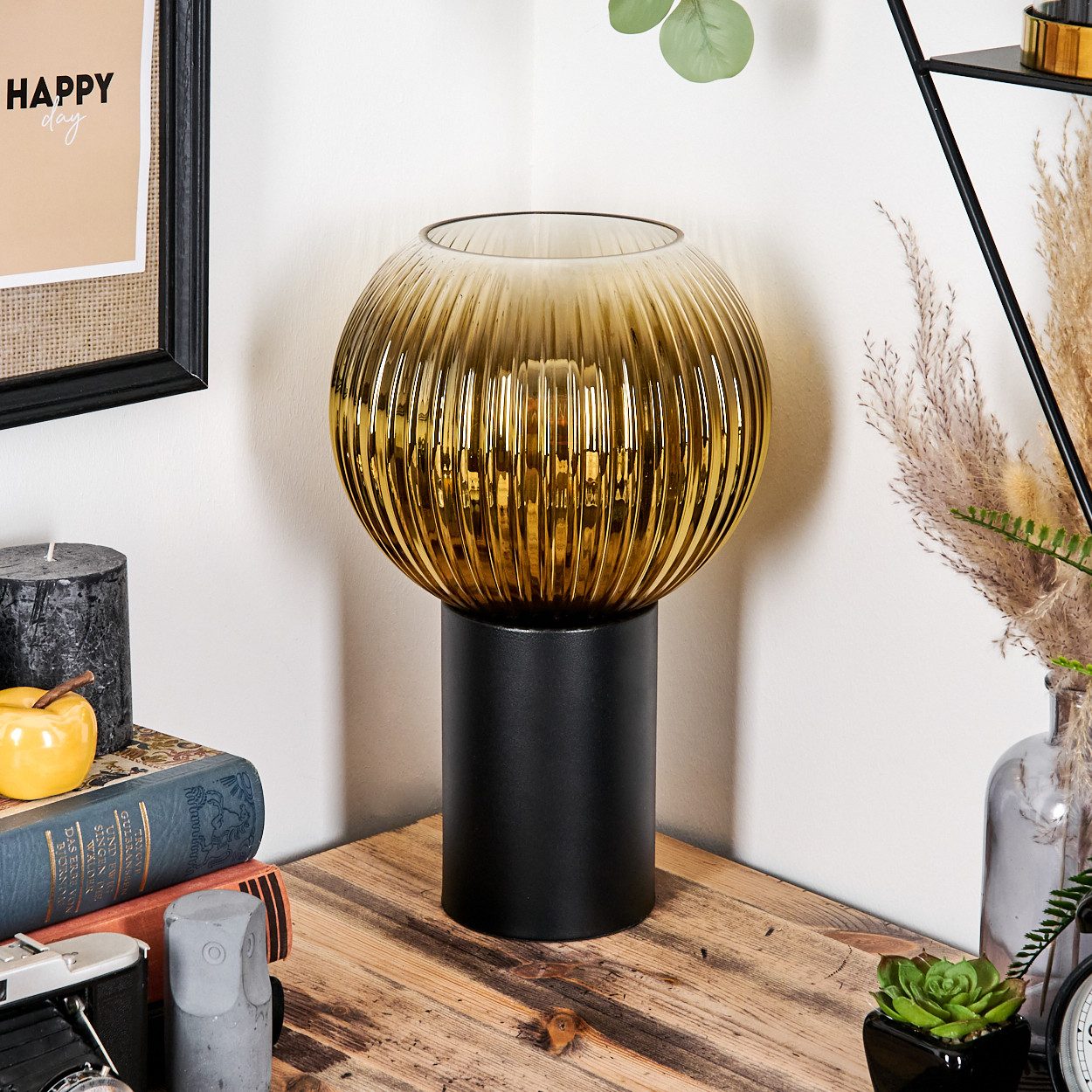 hofstein Tischleuchte Tischlampe aus Metall/Riffelglas in Schwarz/Goldfarben/Klar, ohne Leuchtmittel, Leuchte im Retro/Vintage-Design mit Glasschirm (20 cm), 1 x E27