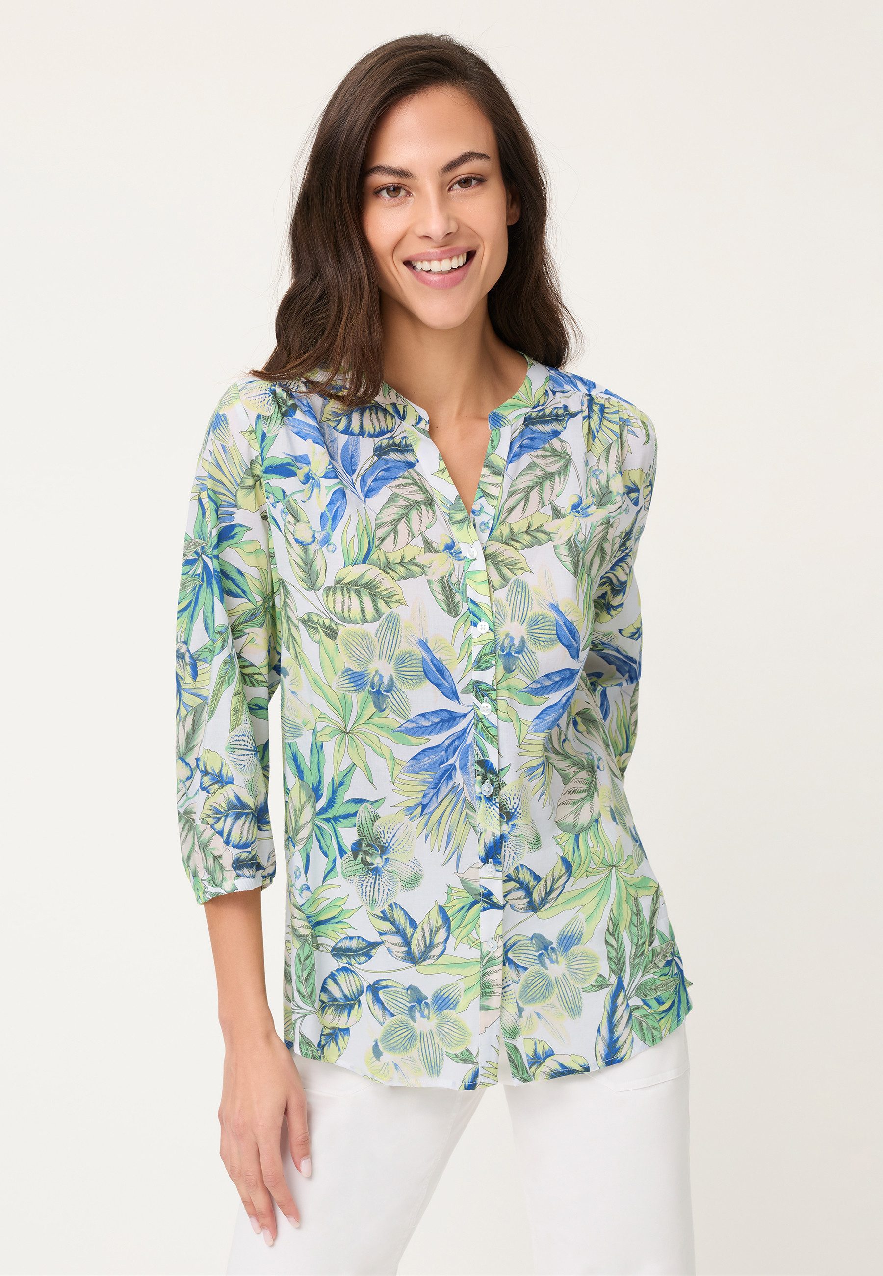 Olsen Hemdbluse mit Allover-Dessin und tiefem V-Ausschnitt