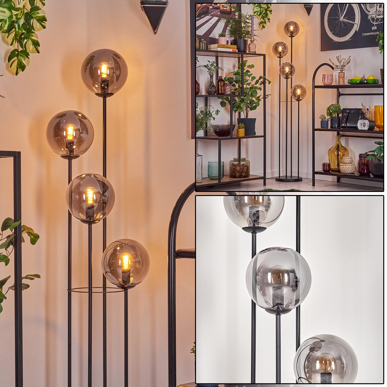 hofstein Stehlampe Stehlampe aus Metall/Riffelglas in Schwarz/Rauchfarben mit Fußschalter, ohne Leuchtmittel, Stehleuchte im Retro/Vintage-Design mit Glasschirmen (15 cm), E14