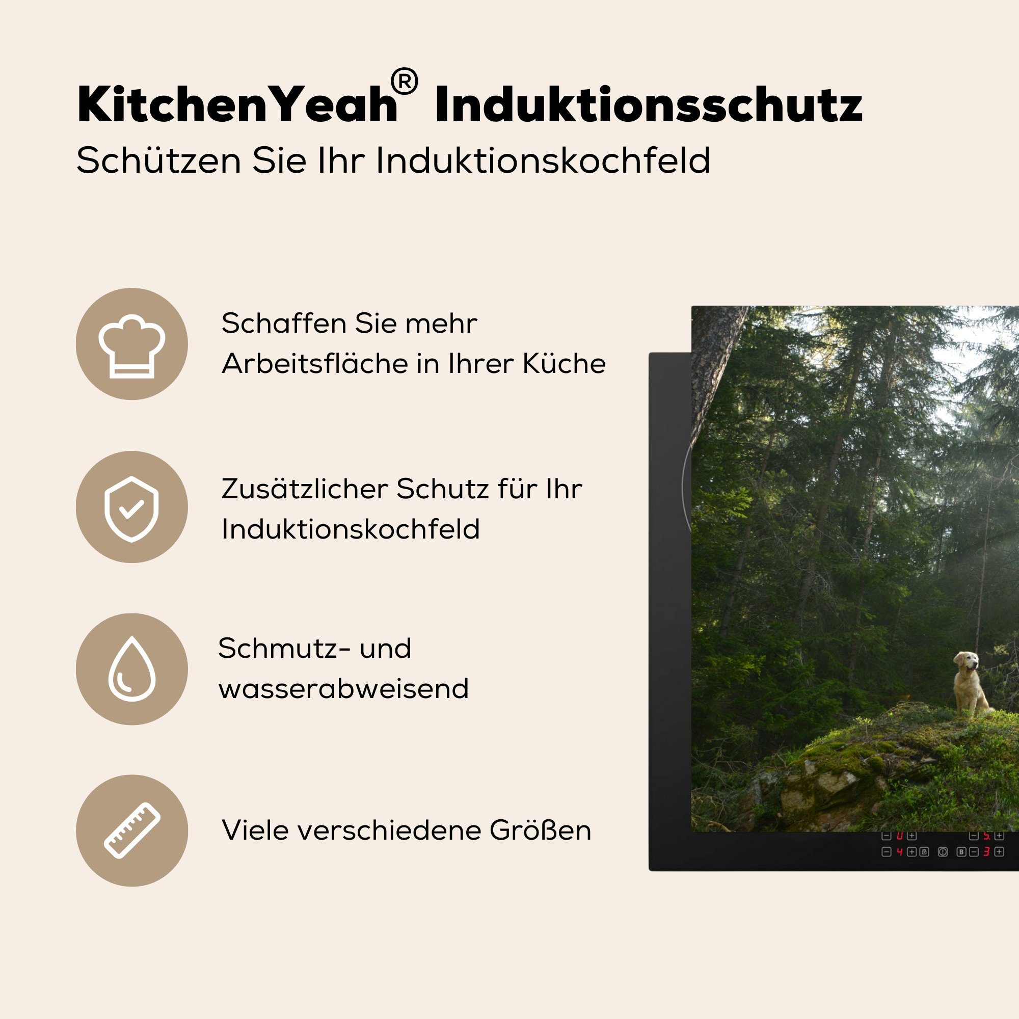Vinyl, küche, tlg), - cm, die Hund für Schutz Ceranfeldabdeckung 81x52 - Herdblende-/Abdeckplatte Fels, Induktionskochfeld Wald (1 MuchoWow