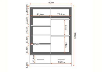 MOEBLO Kleiderschrank FLIX (Schwebetürenschrank 2/3-türig Schrank Garderobe Schiebtüren Schlafzimmer, mit Schubladen, dekorative Sprossen) (BxHxT):150/200/250x218x61cm