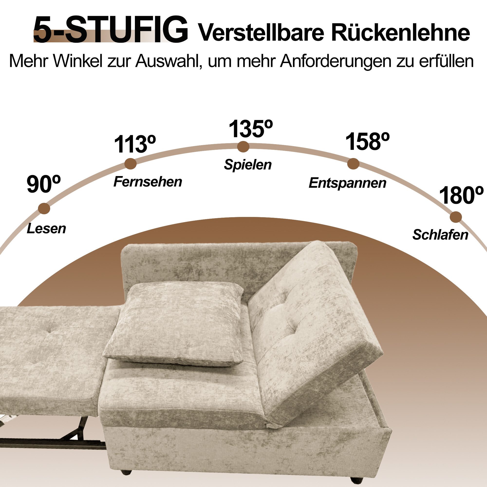 KLAM HOME Schlafsofa Polsterbett Schlafsofa 3 in 1 Multifunktions-Schlafsofa, Leinenstoffsofa mit verstellbarer Rückenlehne, für kleine Räume – Bild 5 von 5